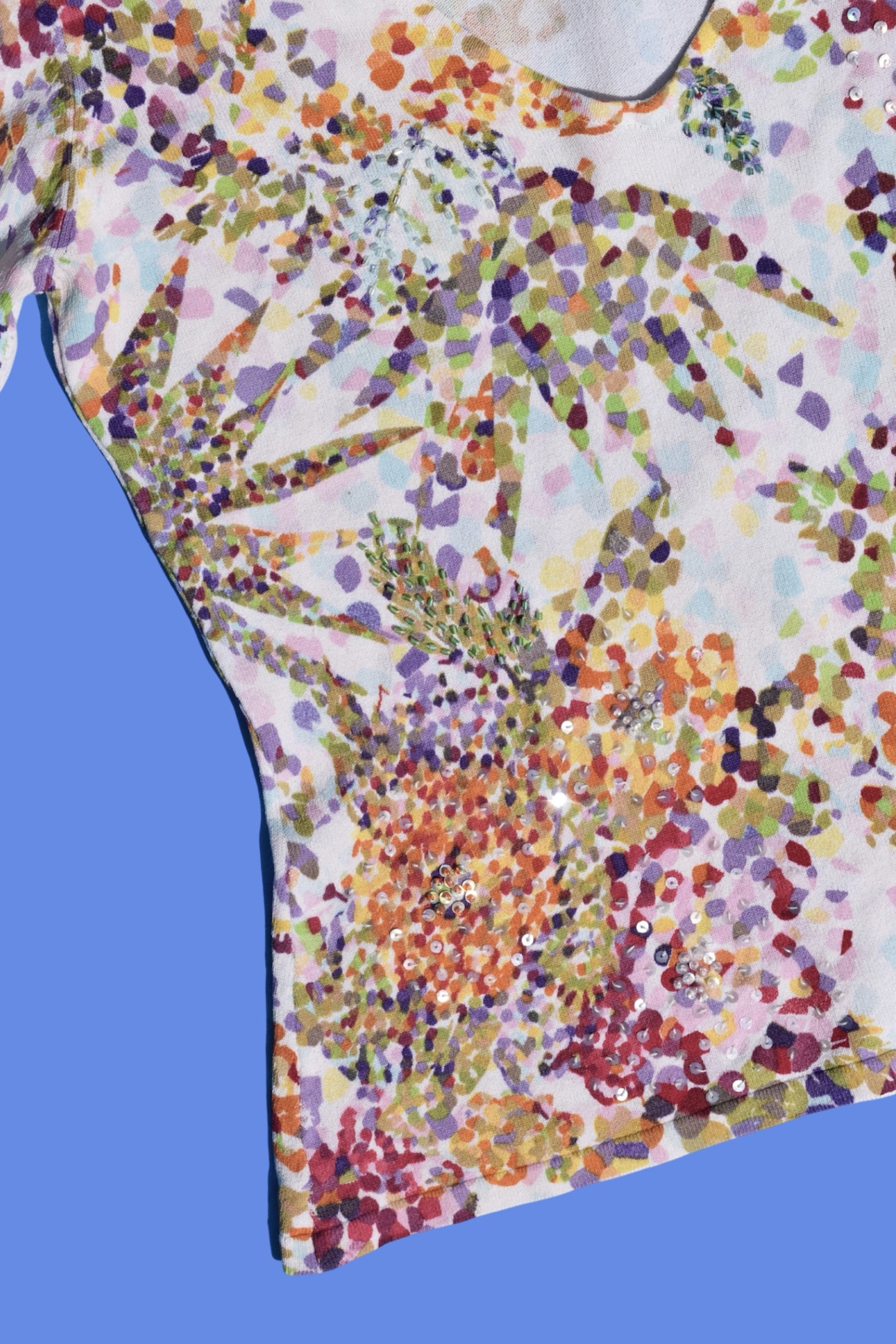 Y2K 2000s Multicolor Abstract Floral Knit Top with Quarter Length Sleeve