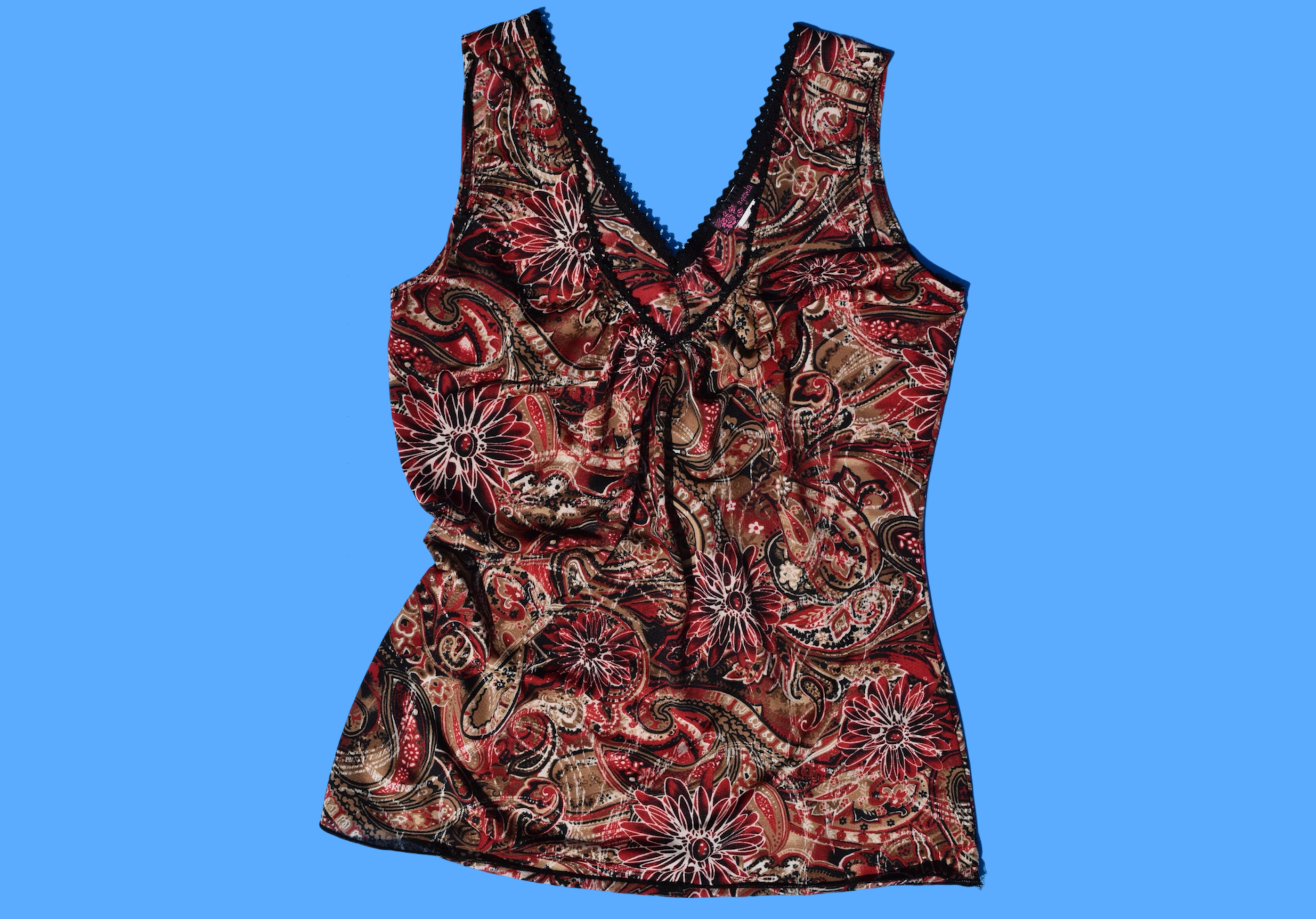 2000s Y2k Sleeveless Mesh V-Neck Red Paisley Floral Lace Trim Tank