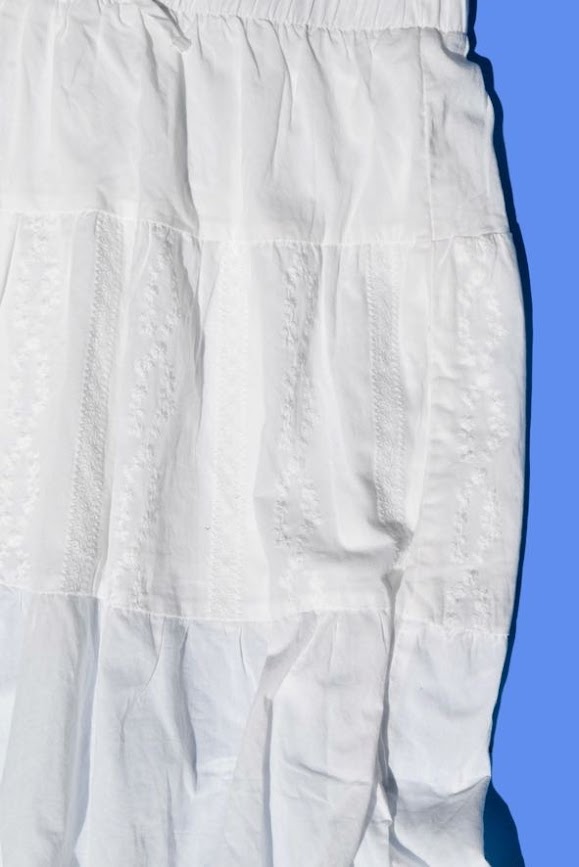 White Cotton  Embroidered Tiered  Midi Length Skirt 