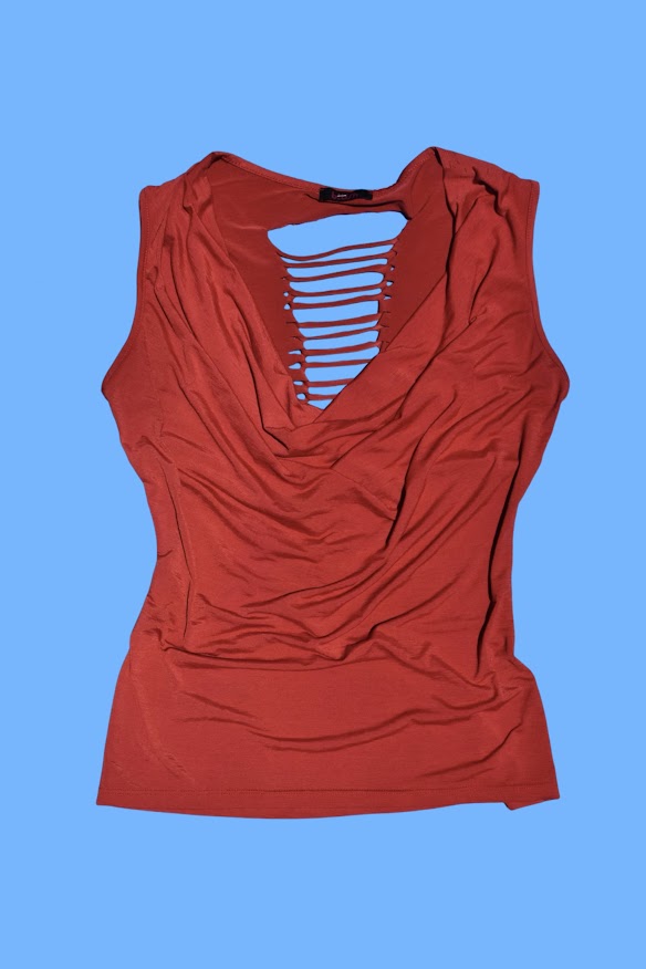 2010s Red Cowl Neck Shredded Draped Tank Top