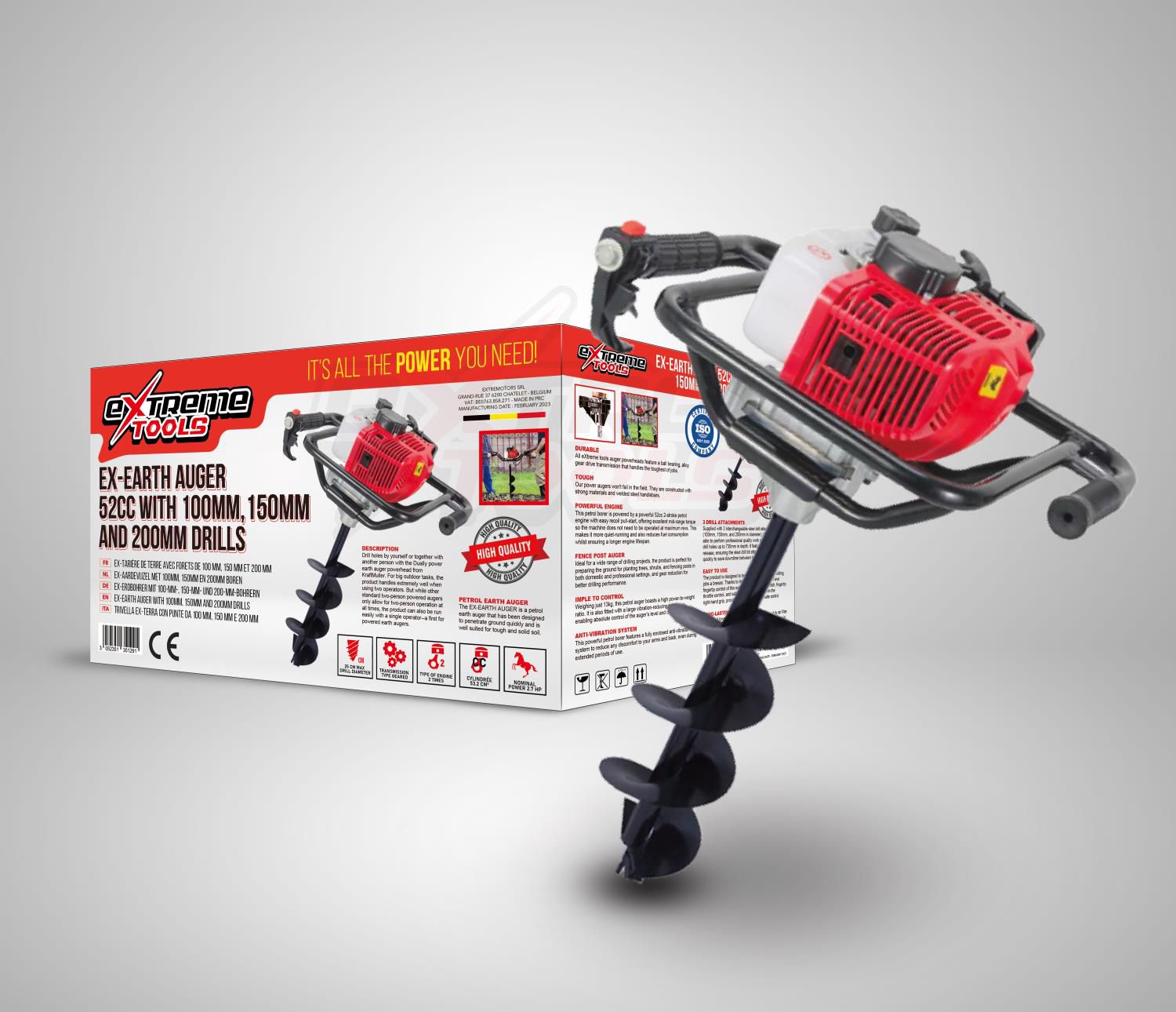 Tarière 52cc avec 3 mèches 100/150/200mm Extrême Tools