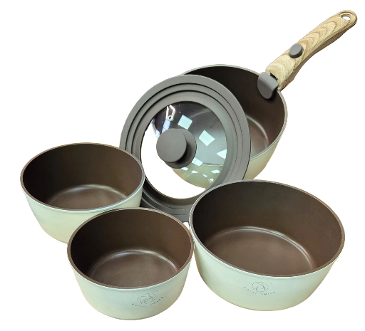 Casseroles 4 pièces BEIGE 14/16/18/20cm + 1 poignet amovible + 1 couvercle adaptable RS