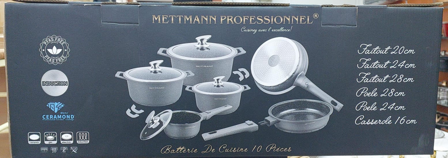 Batterie de cuisine revêtement céramique poignet amovible10 pièces Grise MT