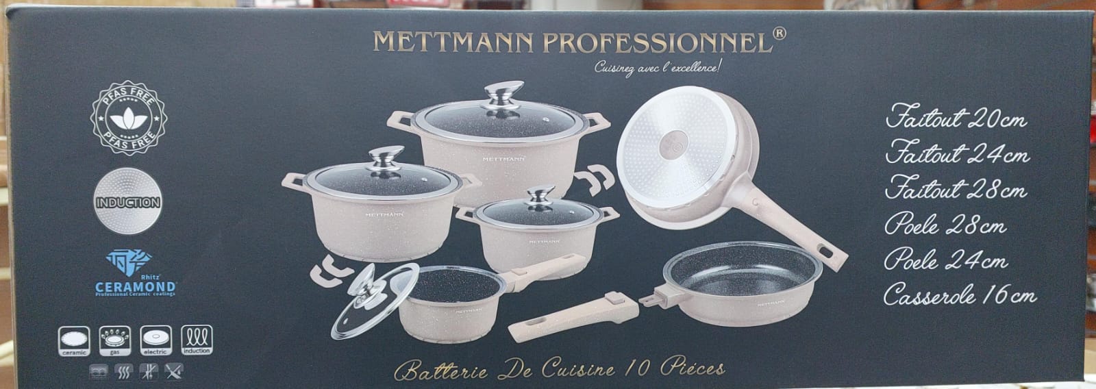 Batterie de cuisine revêtement céramique poignet amovible10 pièces Crème MT