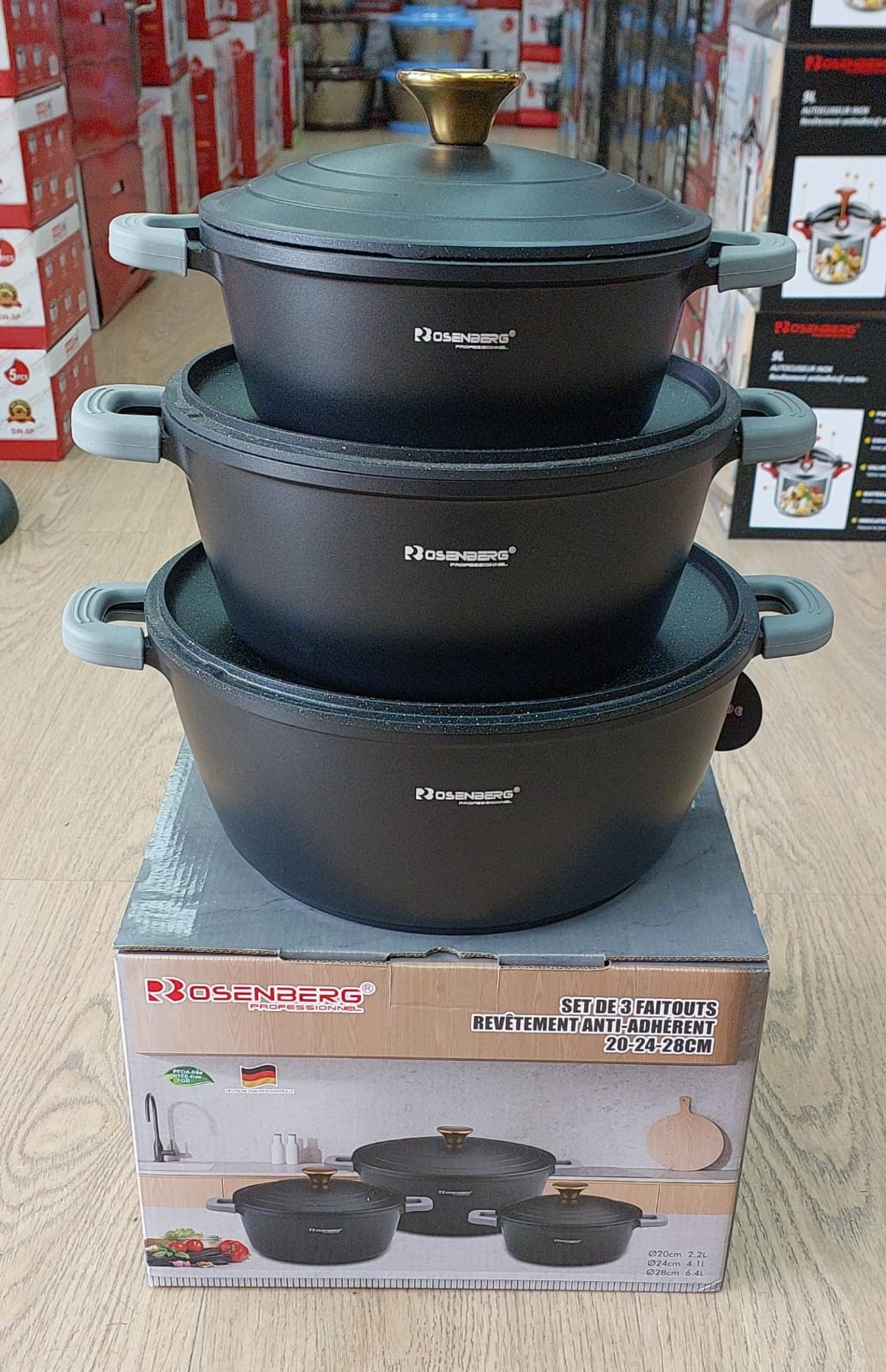 Faitout en pierre par 3 + couvercle pierre -20/24/28cm RB