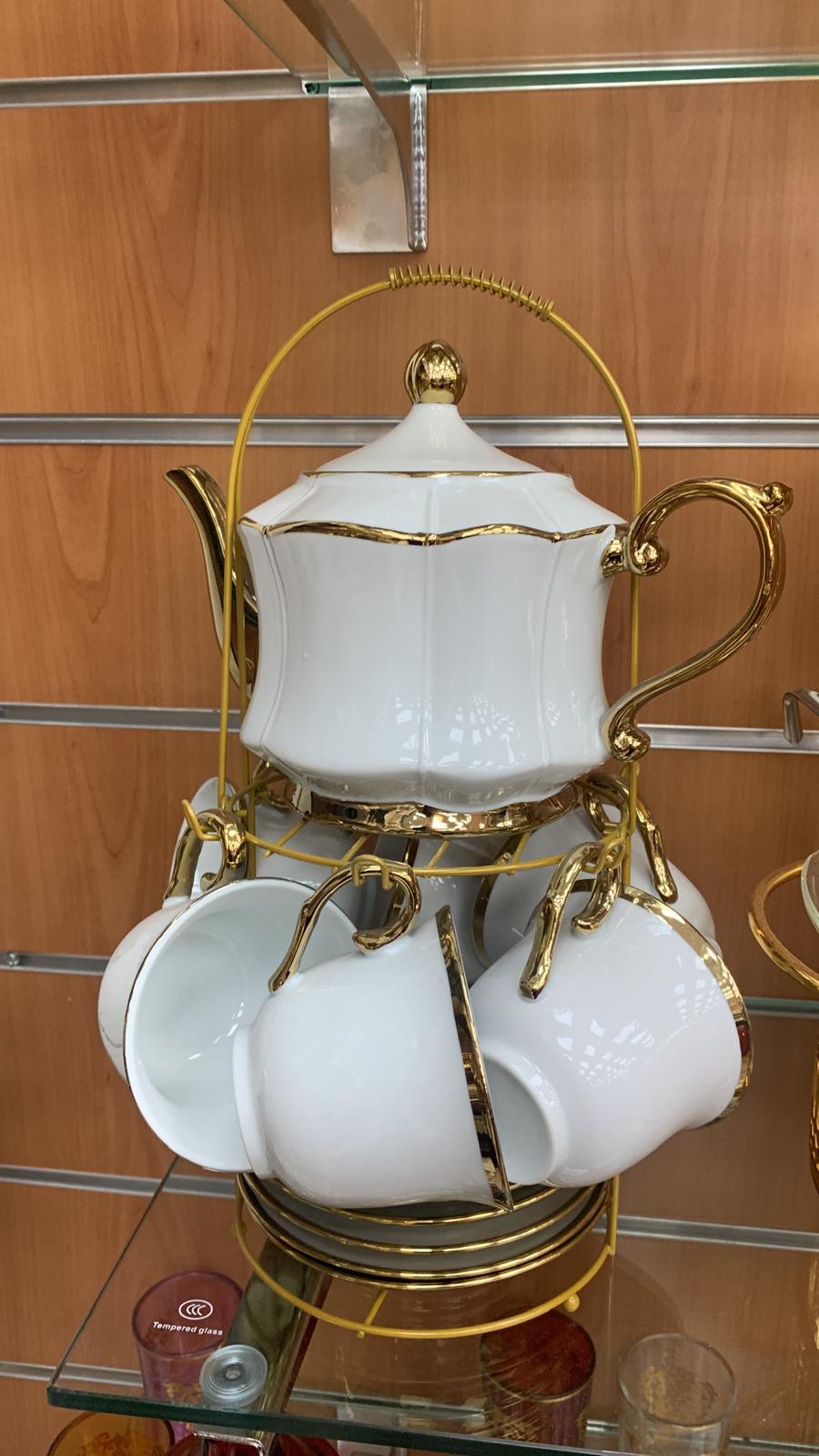 Service à Thé 1 Théière + 6 tasses + 6 sous tasses Blanc/Doré