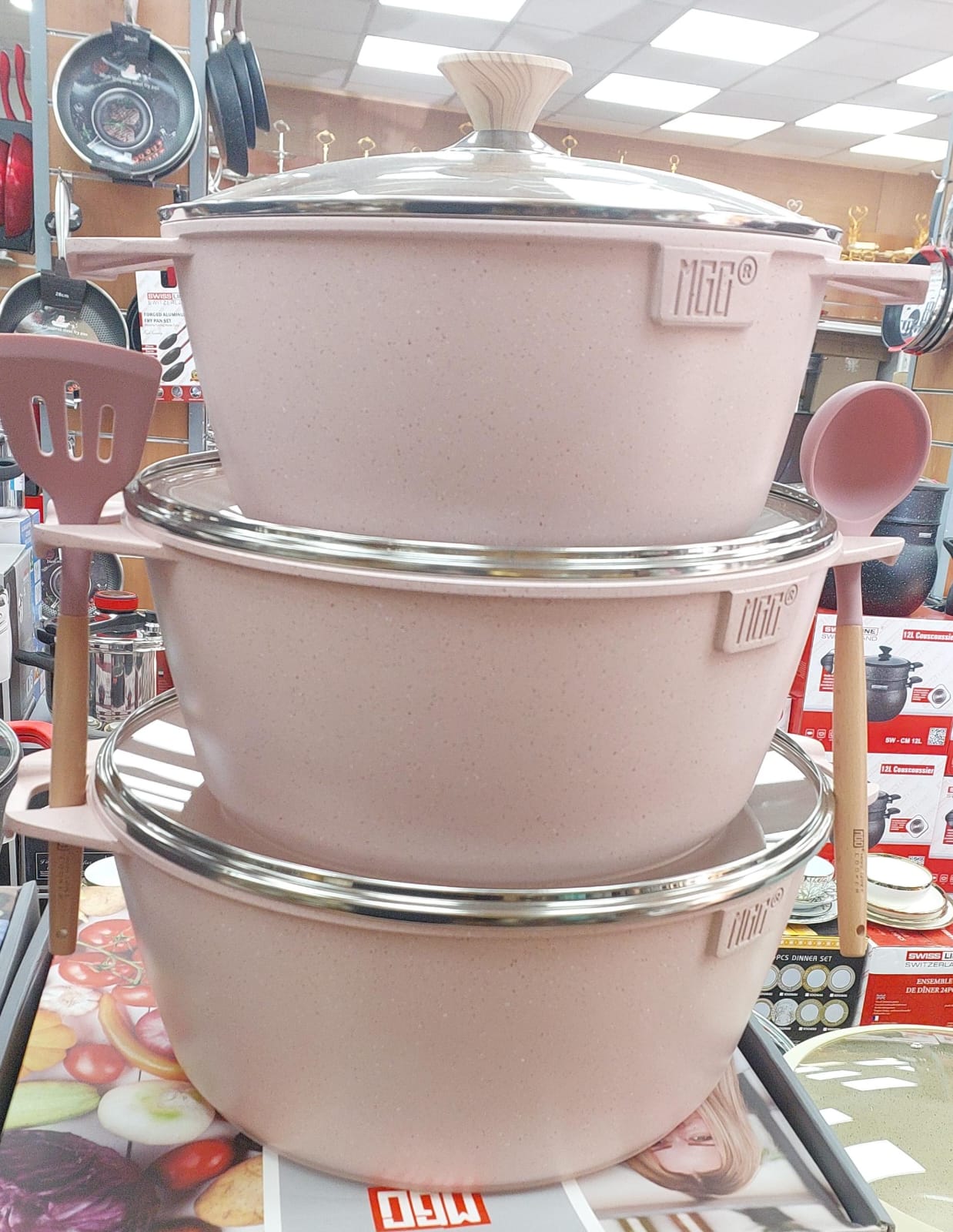 Faitout par 3 céramique +2 ustensiles 32/36cm/40cm 4 coloris MGC