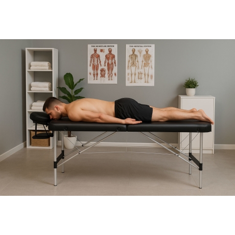 Aliuminio masažo ir reabilitacijos stalas, 3 segmentų, sulankstomas į lagaminą + "ModernHome" krepšys