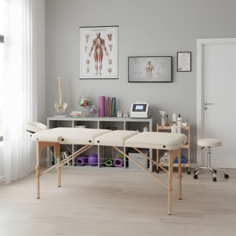 Medinis masažo ir reabilitacijos stalas, 3 segmentų, sulankstomas į lagaminą + krepšį ModernHome