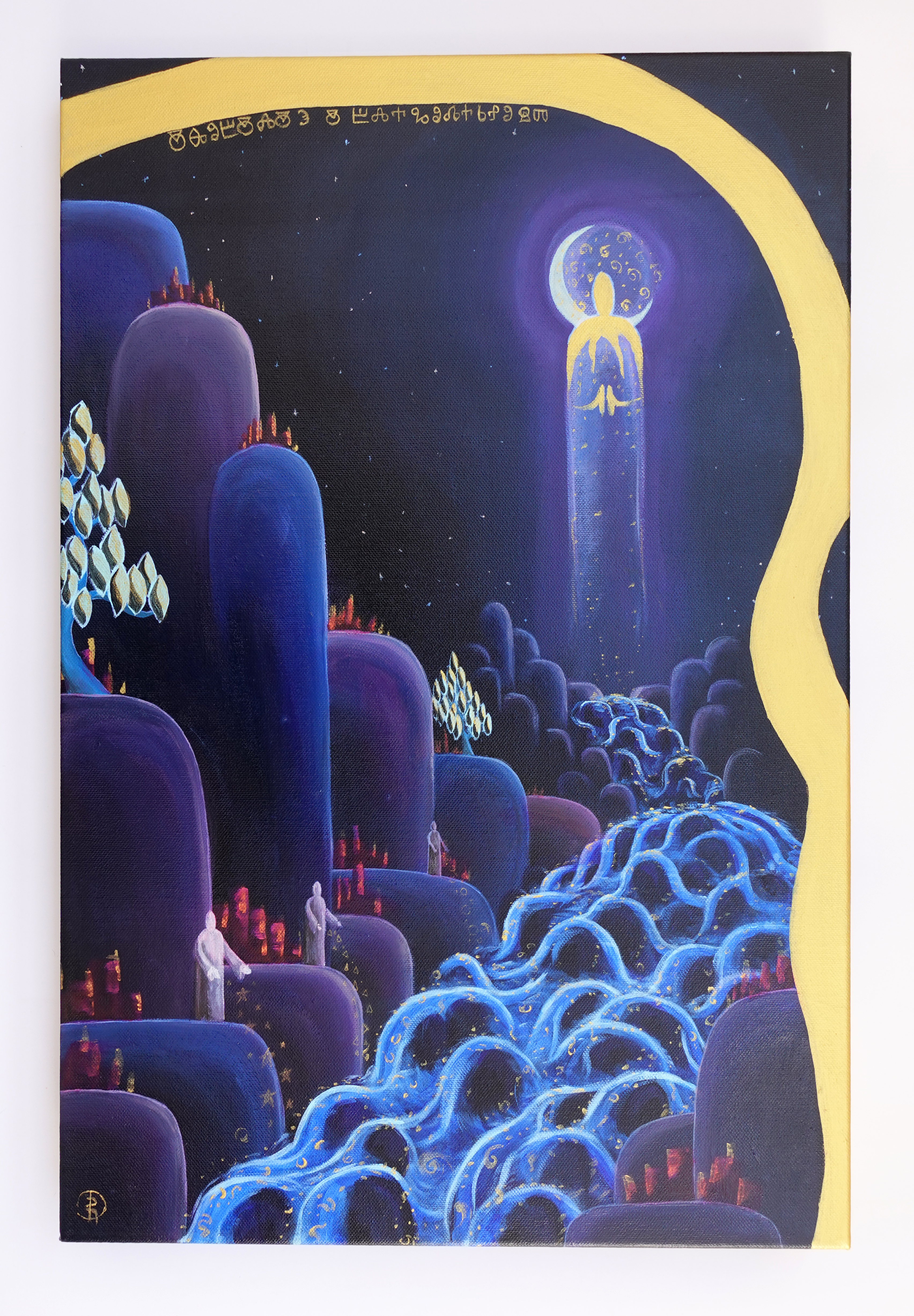 Water Spirit appears at night - abstract landscape acrylic painting on 3D cancas