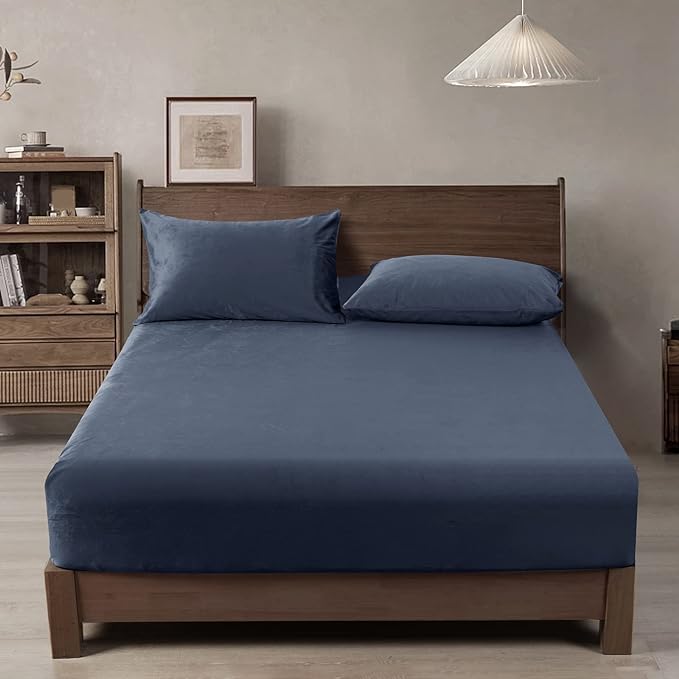 Queen Size Wooden Bed with Blue Bedding