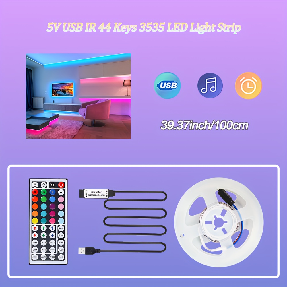 1pc 3535RGB LED Strip with 44-Key IR Remote Controller – USB Powered, DIY Cuttable Color