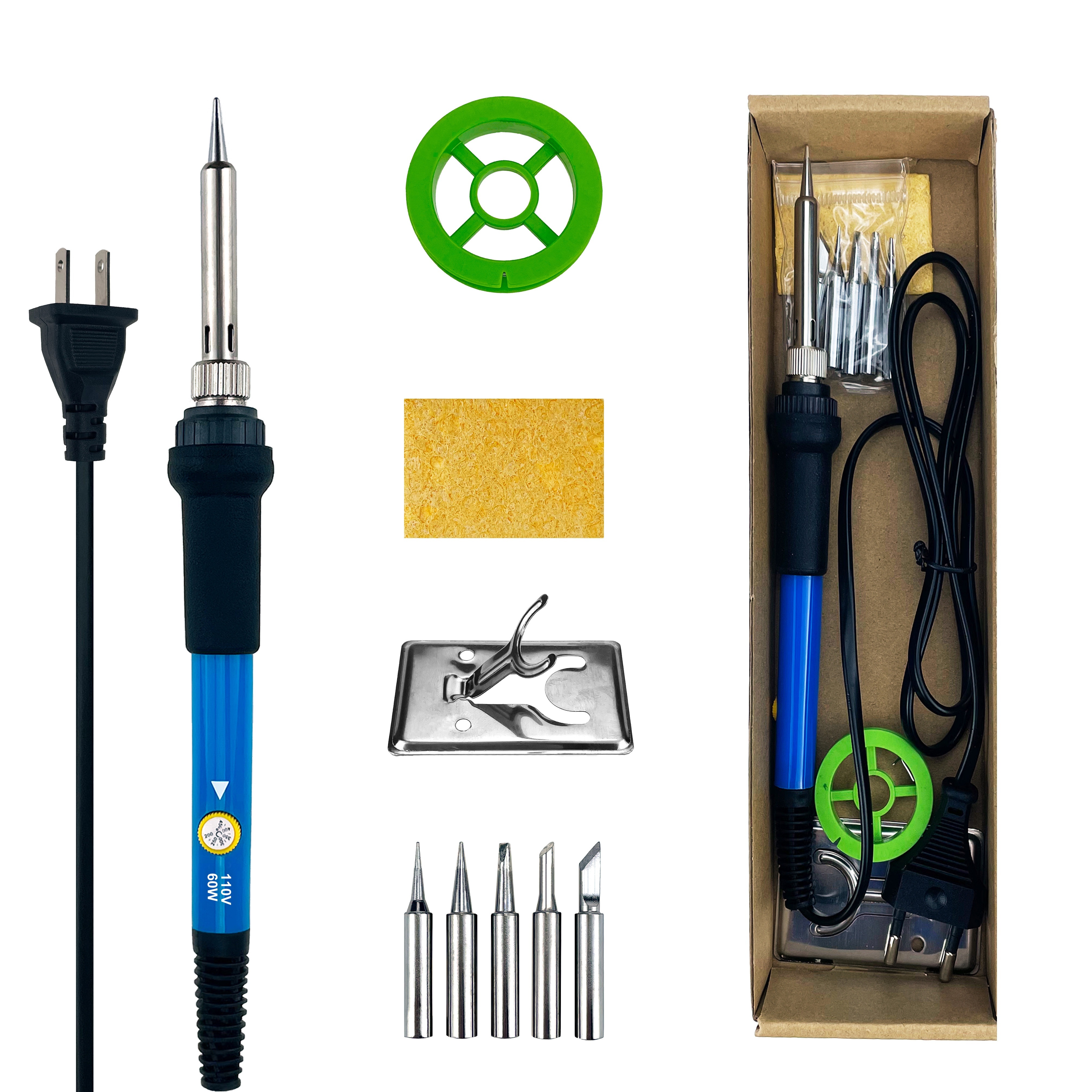 9pcs Adjustable Temperature Electric Soldering Iron Kit – Ceramic Heating Element, 110V US Plug, 5 Interchangeable Tips, Tin Wire & Protective Pad