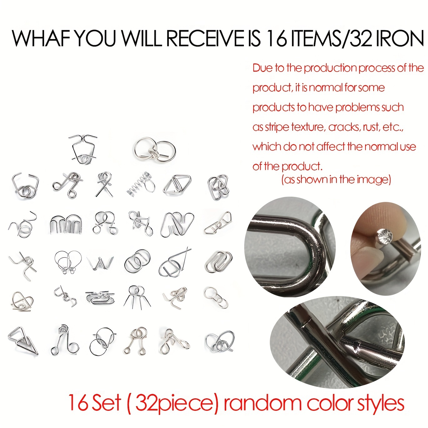 32pcs Metal Wire Puzzle Game Set – Iron Lock Chain Magic Toys for Brain Teasers & Leisure, Silvery Finish, Random Color Style, Suitable for Ages 6+