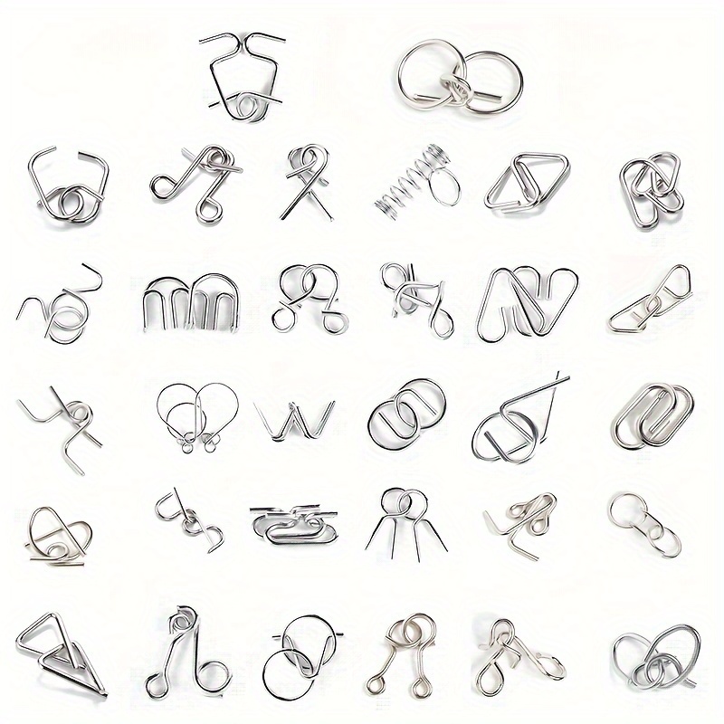 32pcs Metal Wire Puzzle Game Set – Iron Lock Chain Magic Toys for Brain Teasers & Leisure, Silvery Finish, Random Color Style, Suitable for Ages 6+