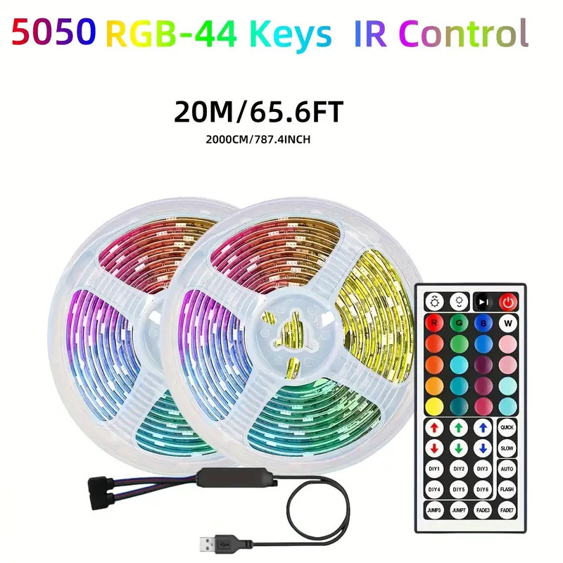 RGB 5050 LED Strip Lights with 44-Key Infrared Remote Controller – USB Powered Programmable Night Light for Living Room, Kitchen, Bedroom, Christmas & Halloween Decoration