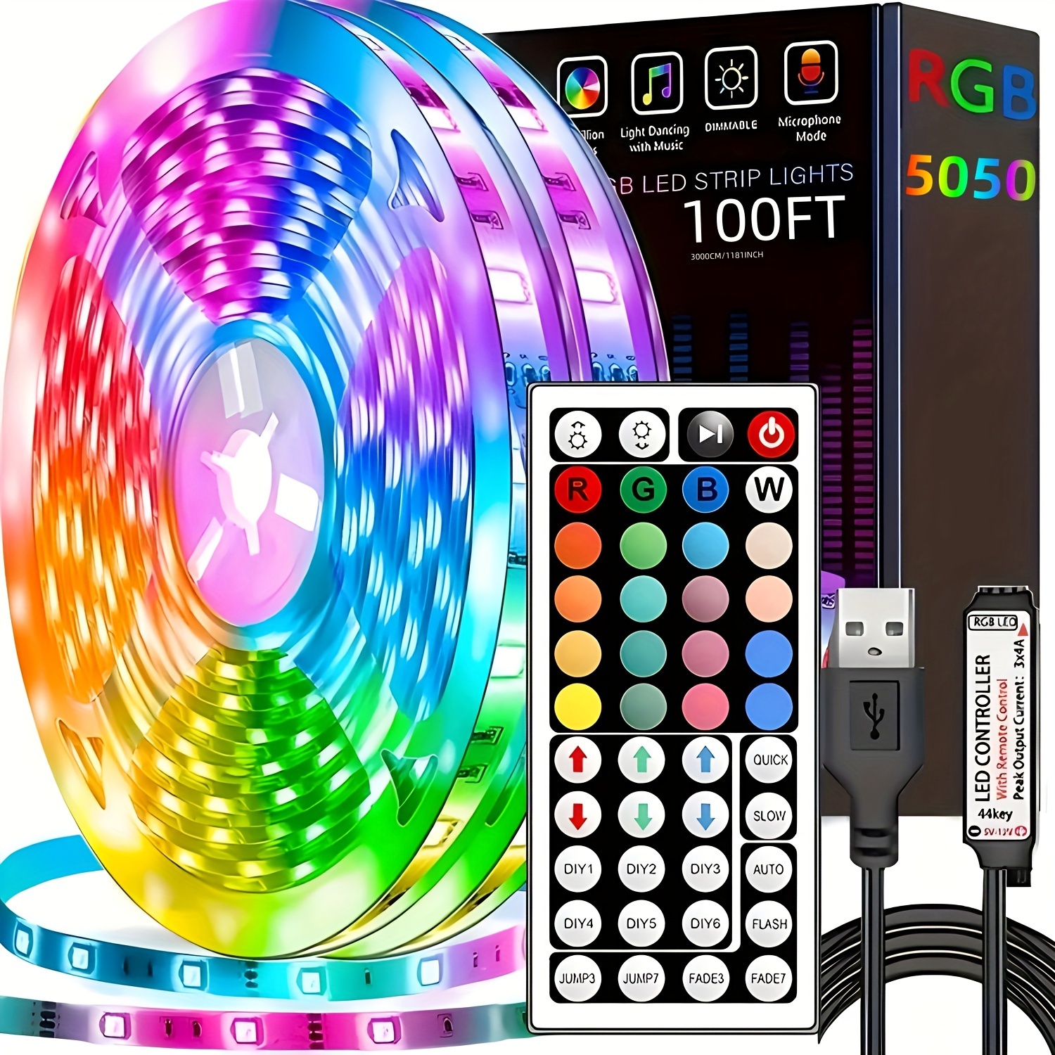 RGB 5050 LED Strip Lights with 44-Key Infrared Remote Controller – USB Powered Programmable Night Light for Living Room, Kitchen, Bedroom, Christmas & Halloween Decoration