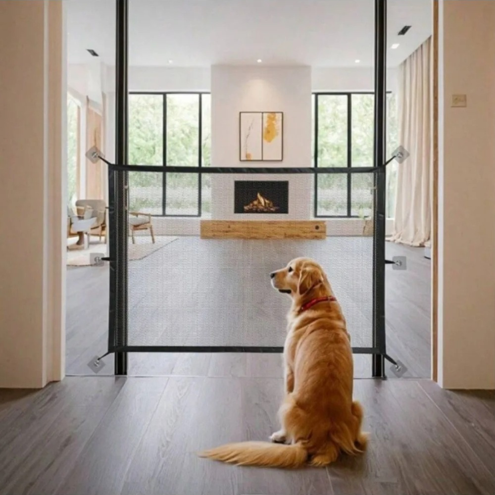 Adjustable Pet Gate with Nylon Mesh – Breathable Safety Barrier, No Hole Punch Needed, Folding PVC Pet Divider for Home