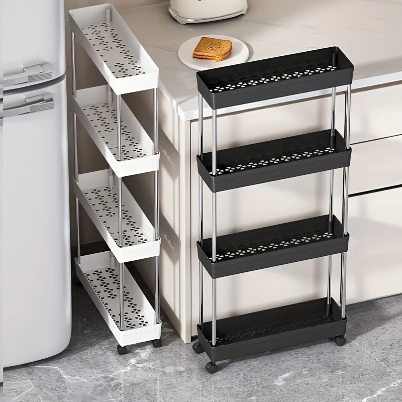  4-Tier Rolling Storage Cart with Matte Stainless Steel & Plastic – Sleek White Organizer Rack with 360° Rotating Wheels, Versatile Cubby Shelf for Bathroom, Cosmetics & Household Items