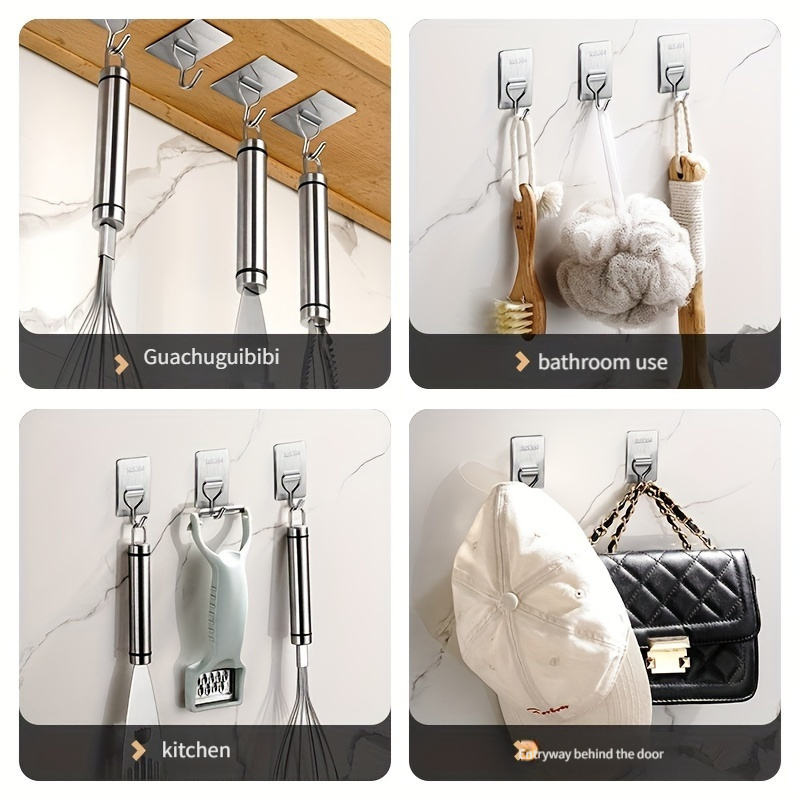  10pcs Seamless Adhesive Hooks – Nail-Free, Traceless, Multi-Functional Wall Hooks for Tile and Smooth Surfaces, Metal, Contemporary Style