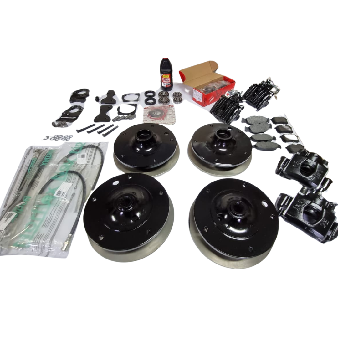 KIT DE FREIO A DISCO PARA FUSCA E DERIVADOS MODELO EMBUCHAMENTO DIANT. E TRAS. FURAÇÃO 5X205