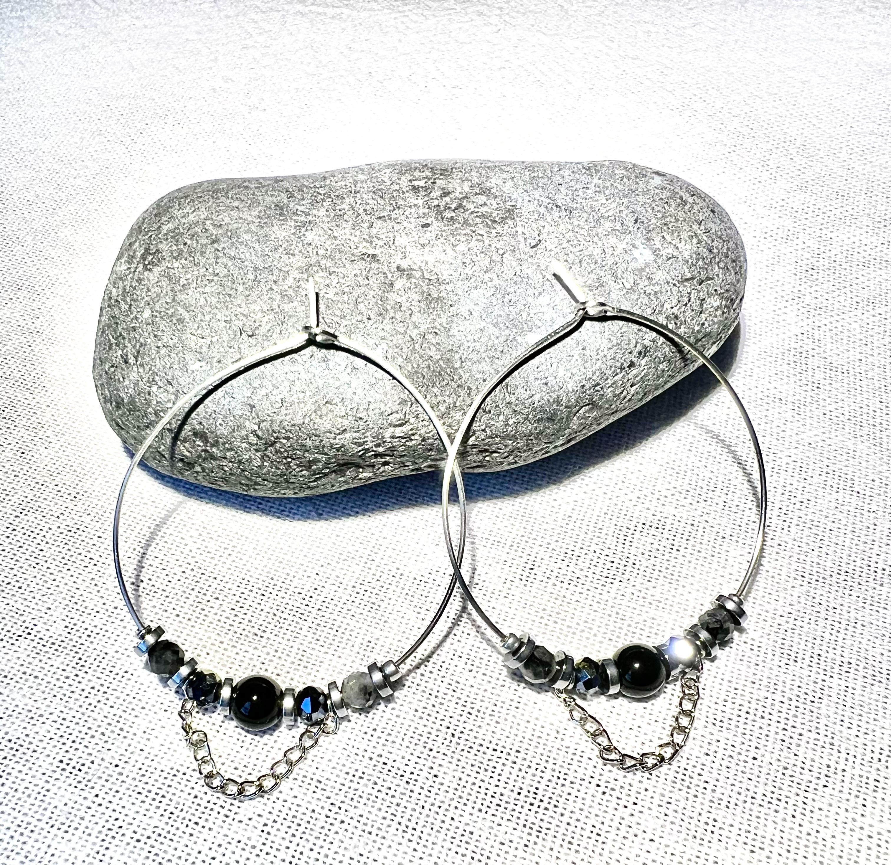 Créoles BLACK REBEL obsidienne, labradorite,cristal