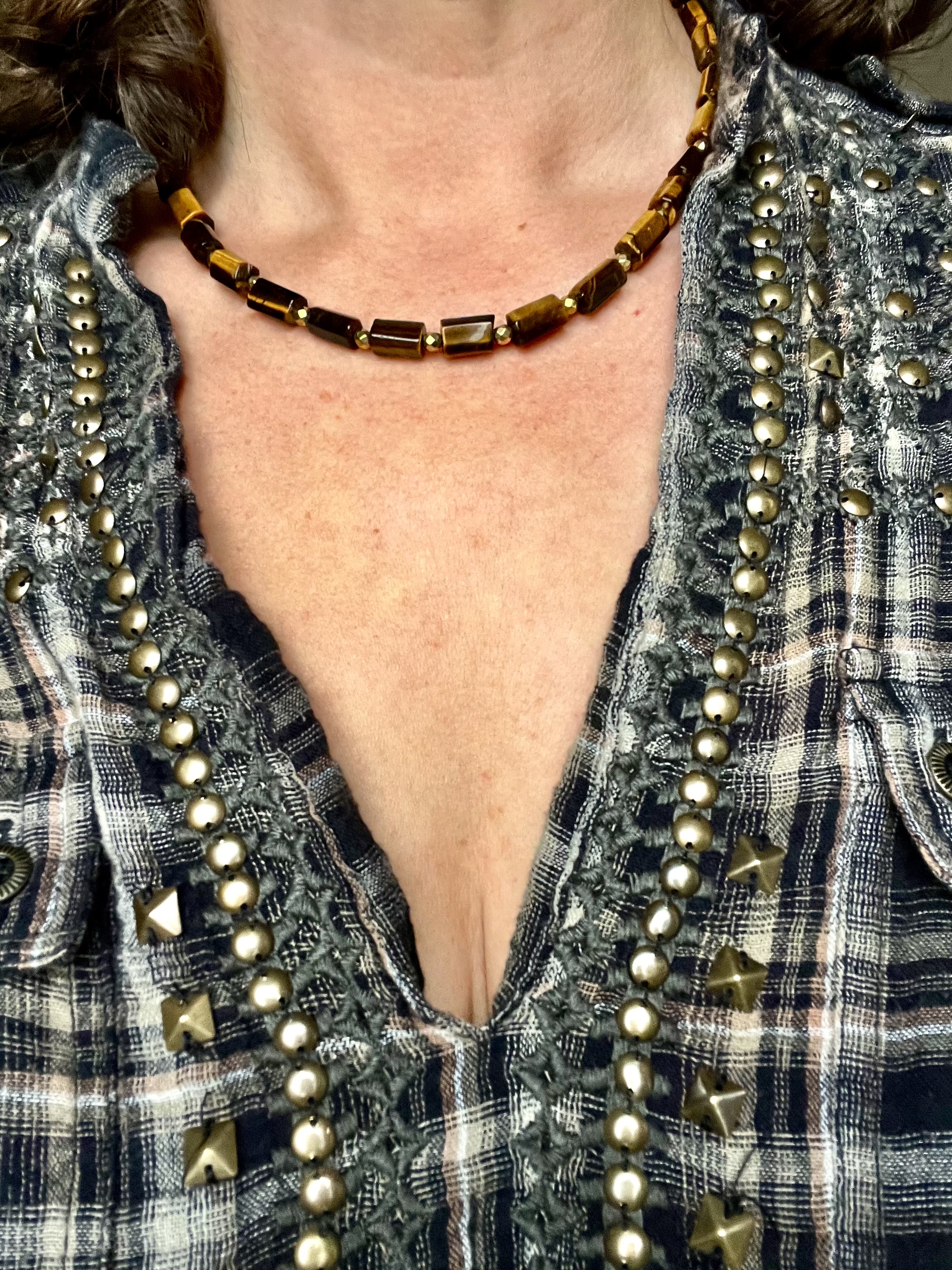 Collier TUBE TIGER oeil de tigre, hématite