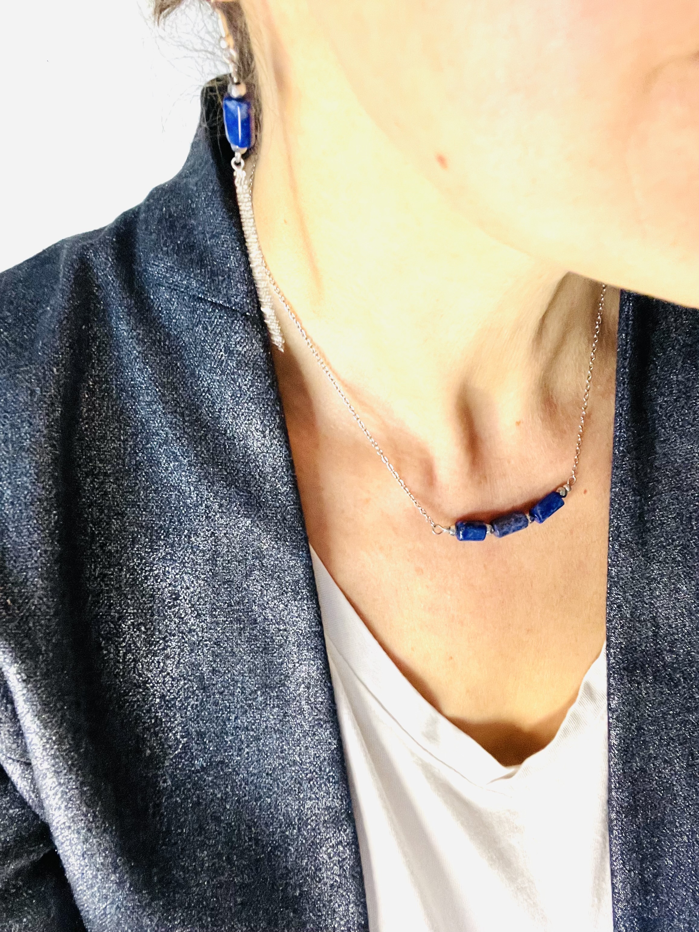 Collier Aqaba lapis lazuli, hématite argentée