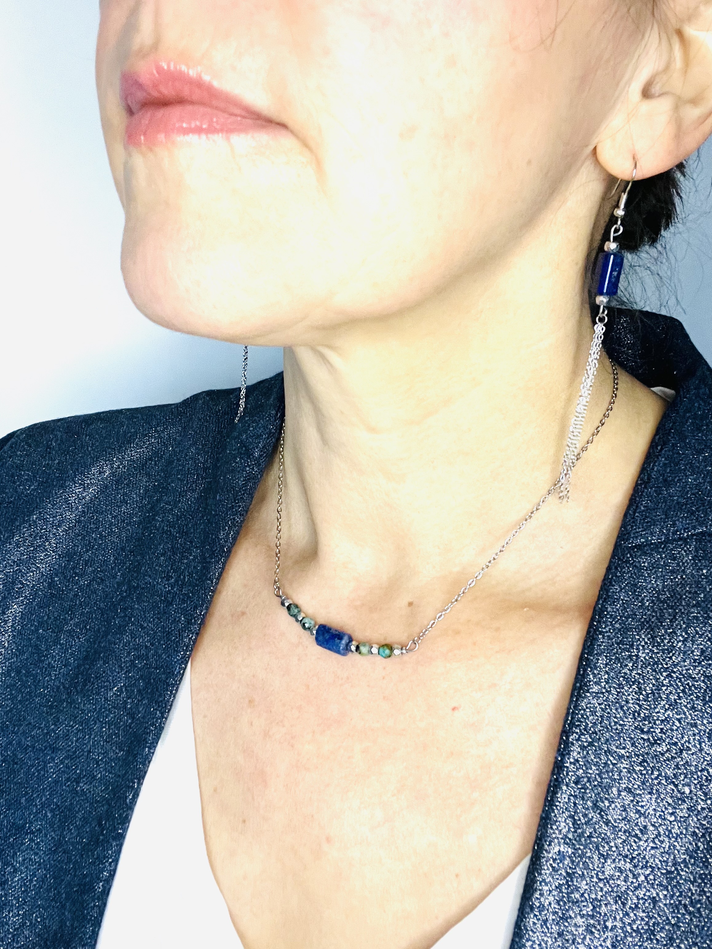 Collier NAMIBIA lapis lazuli, turquoise africaine, hématite argentée