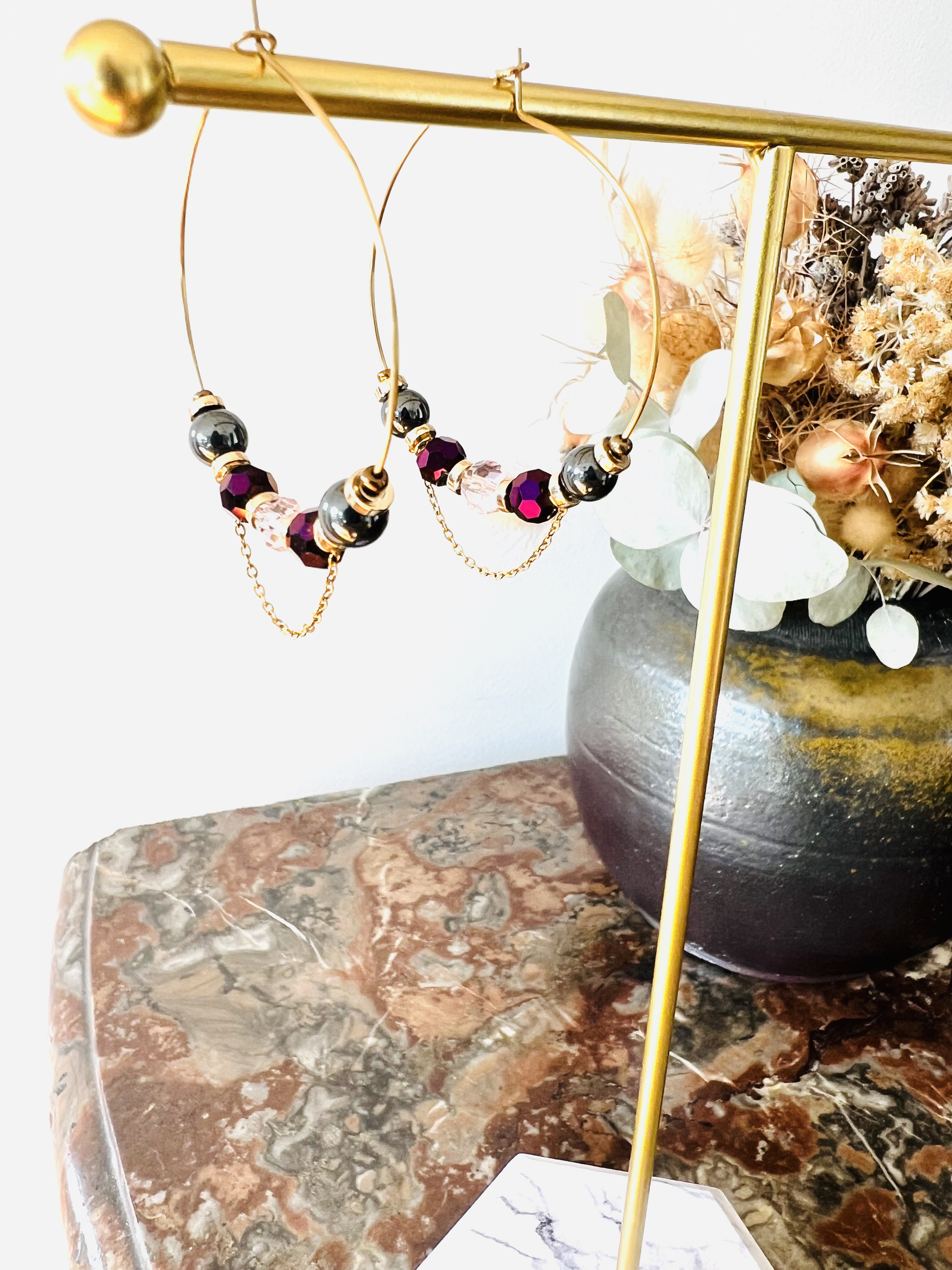 Créoles PLUM, hématite, cristal