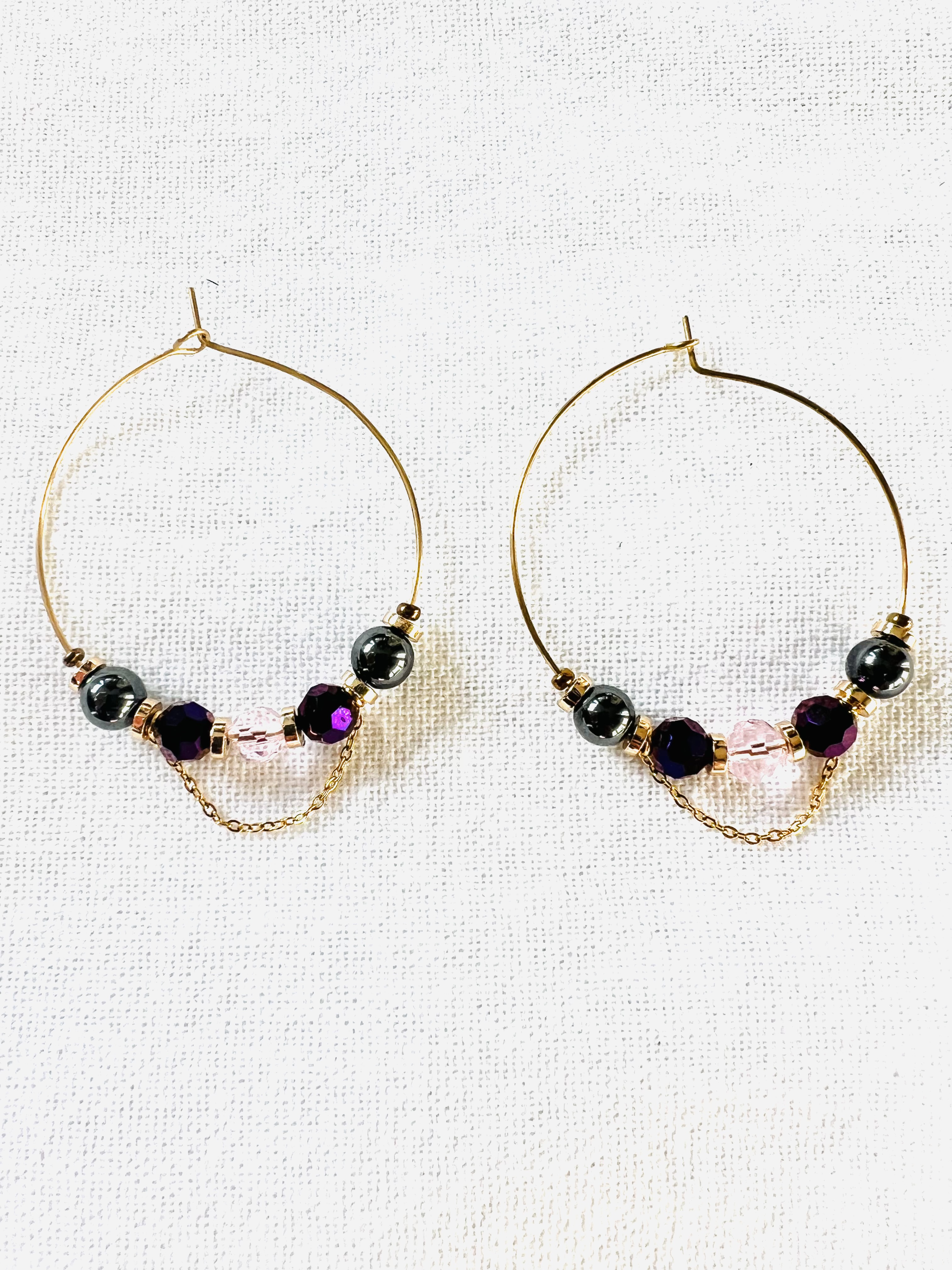 Créoles PLUM, hématite, cristal