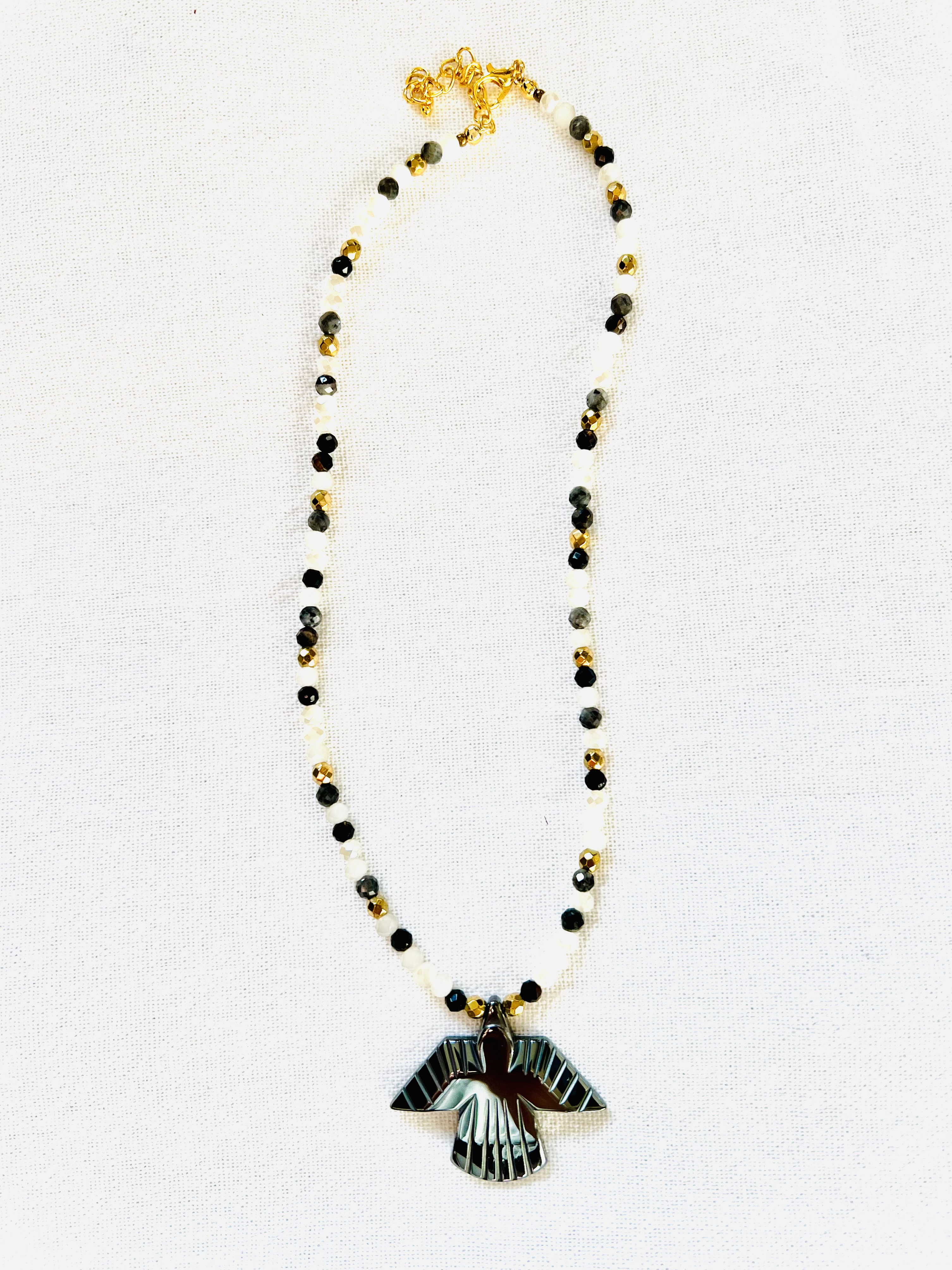 Collier GREY PHOENIX, labradorite, obsidienne, cristal