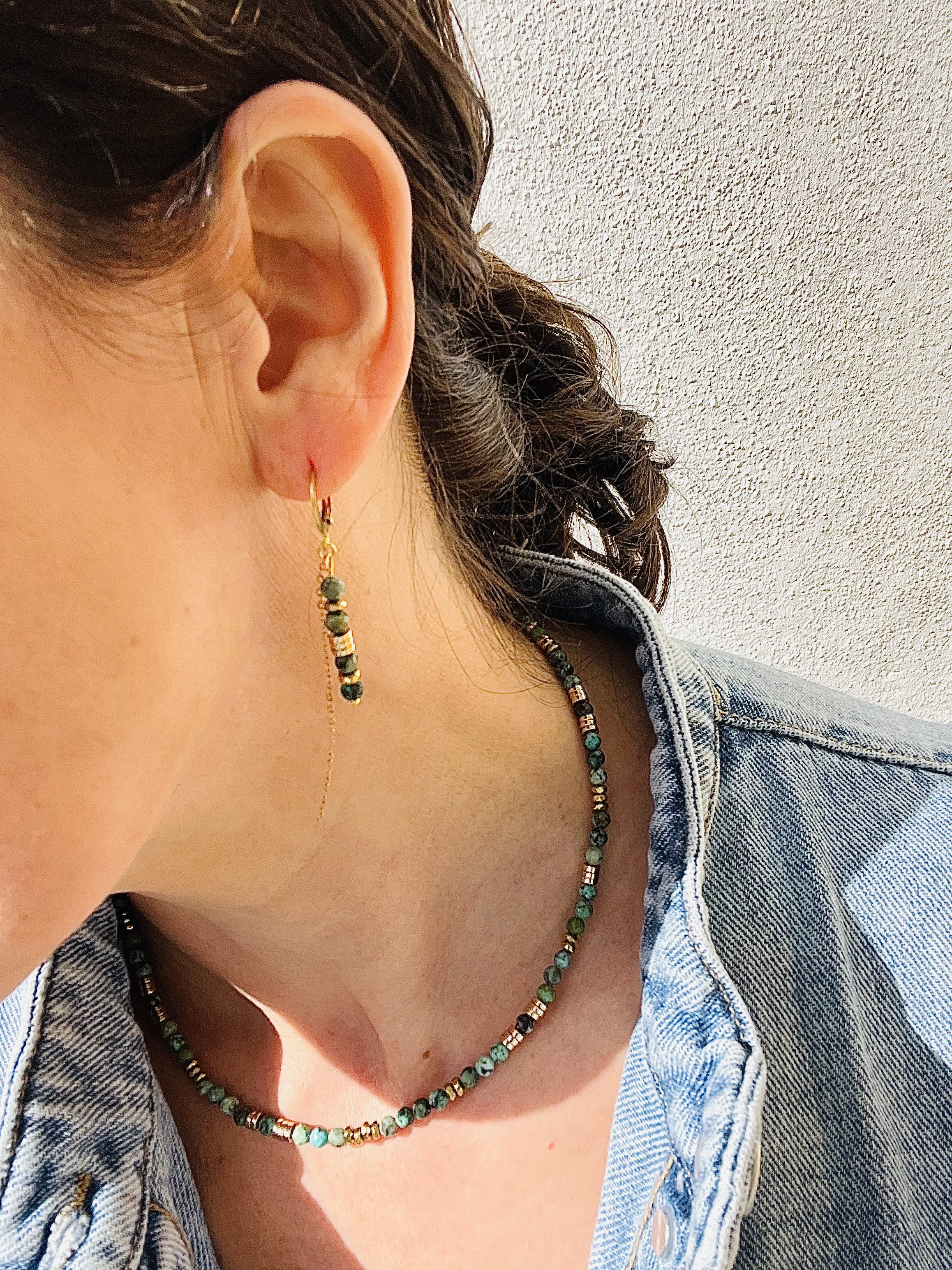 Boucles d'oreilles BABYLON, turquoise africaine, hématites or