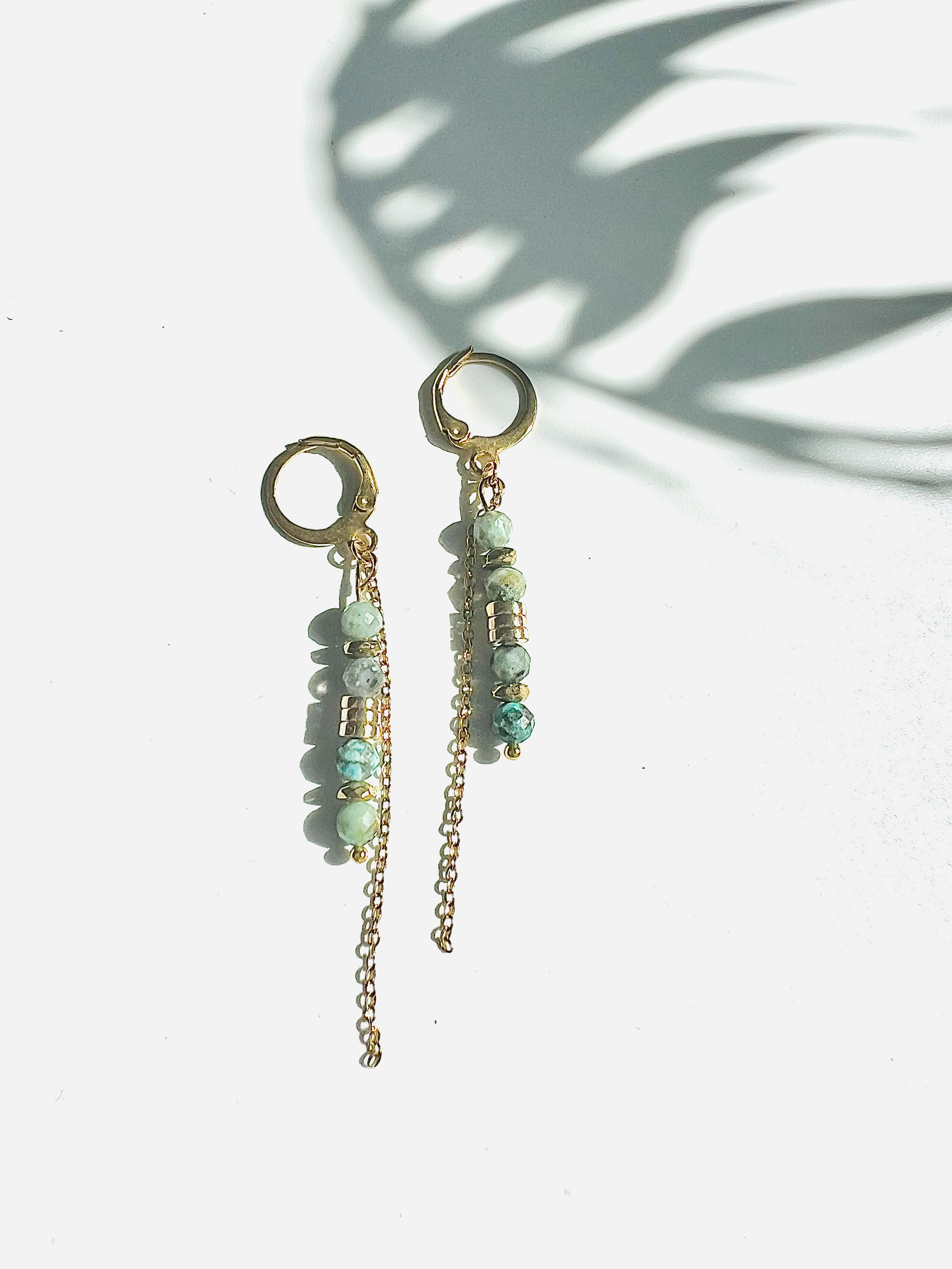 Boucles d'oreilles BABYLON, turquoise africaine, hématites or