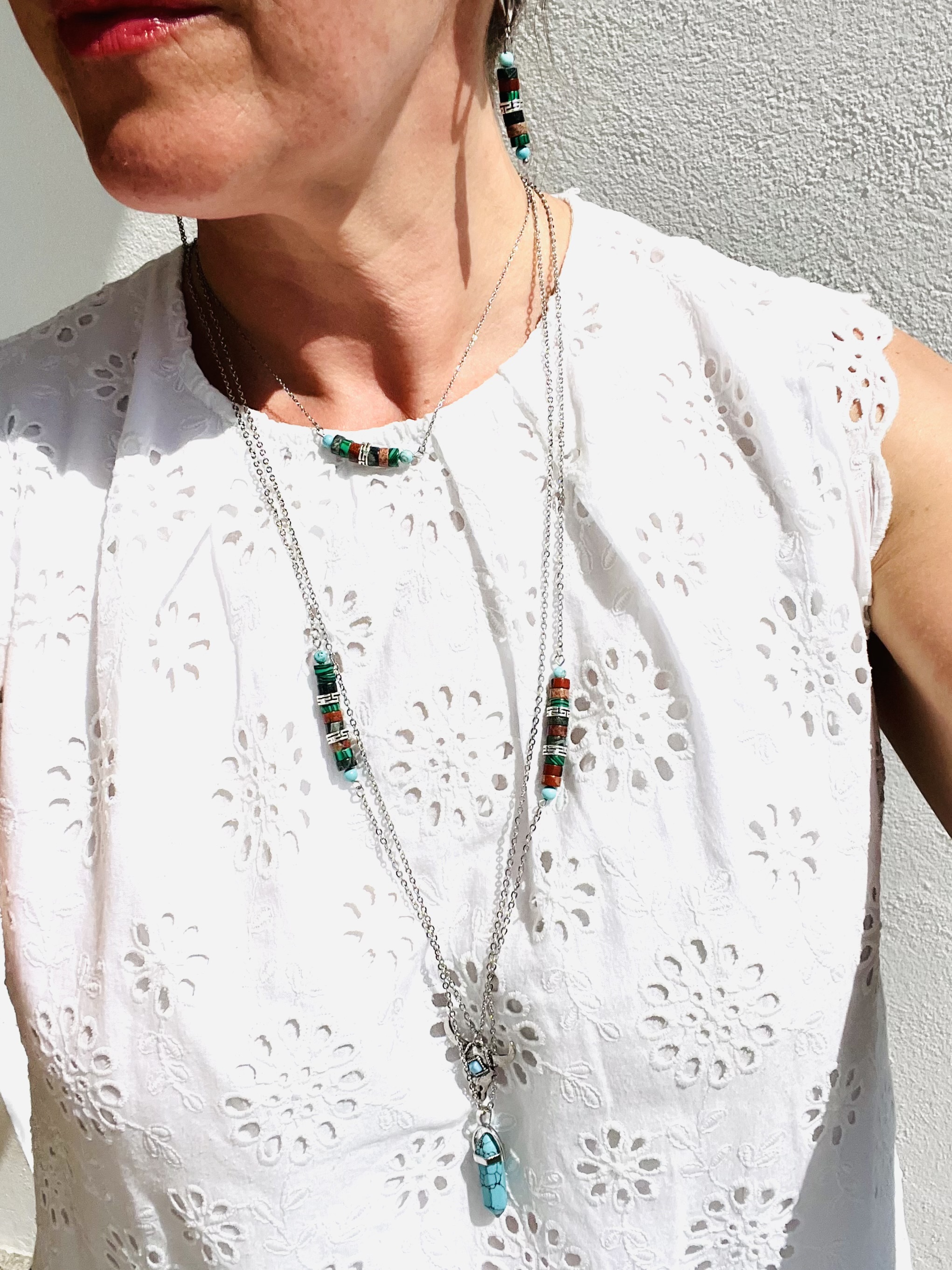 Collier DEATH VALLEY,  jaspe kambaba, pierre rouge, malachite, turquoise