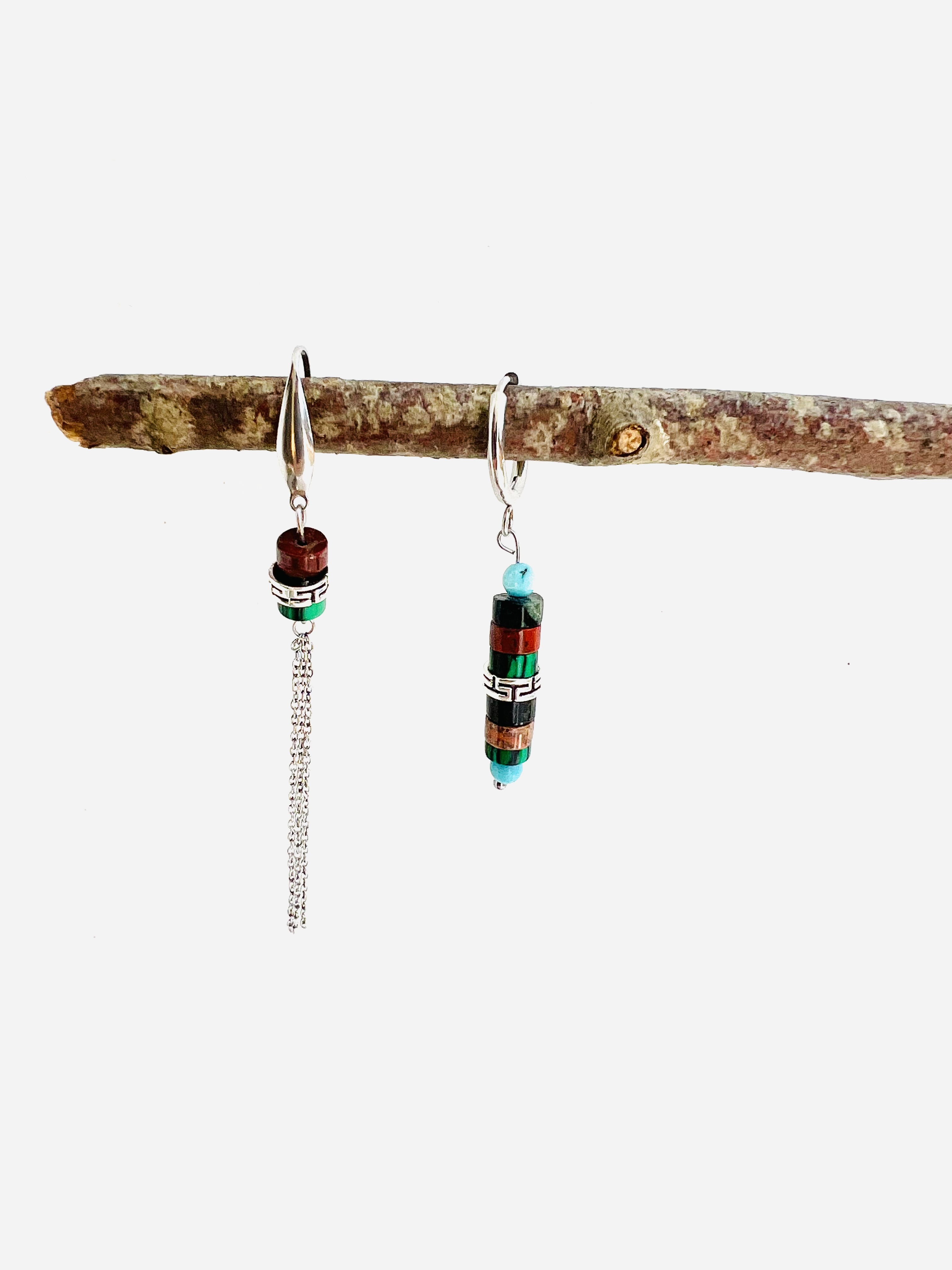 Boucles d'oreilles ARIZONA DREAM,  jaspe kambaba, pierre rouge, malachite, turquoise