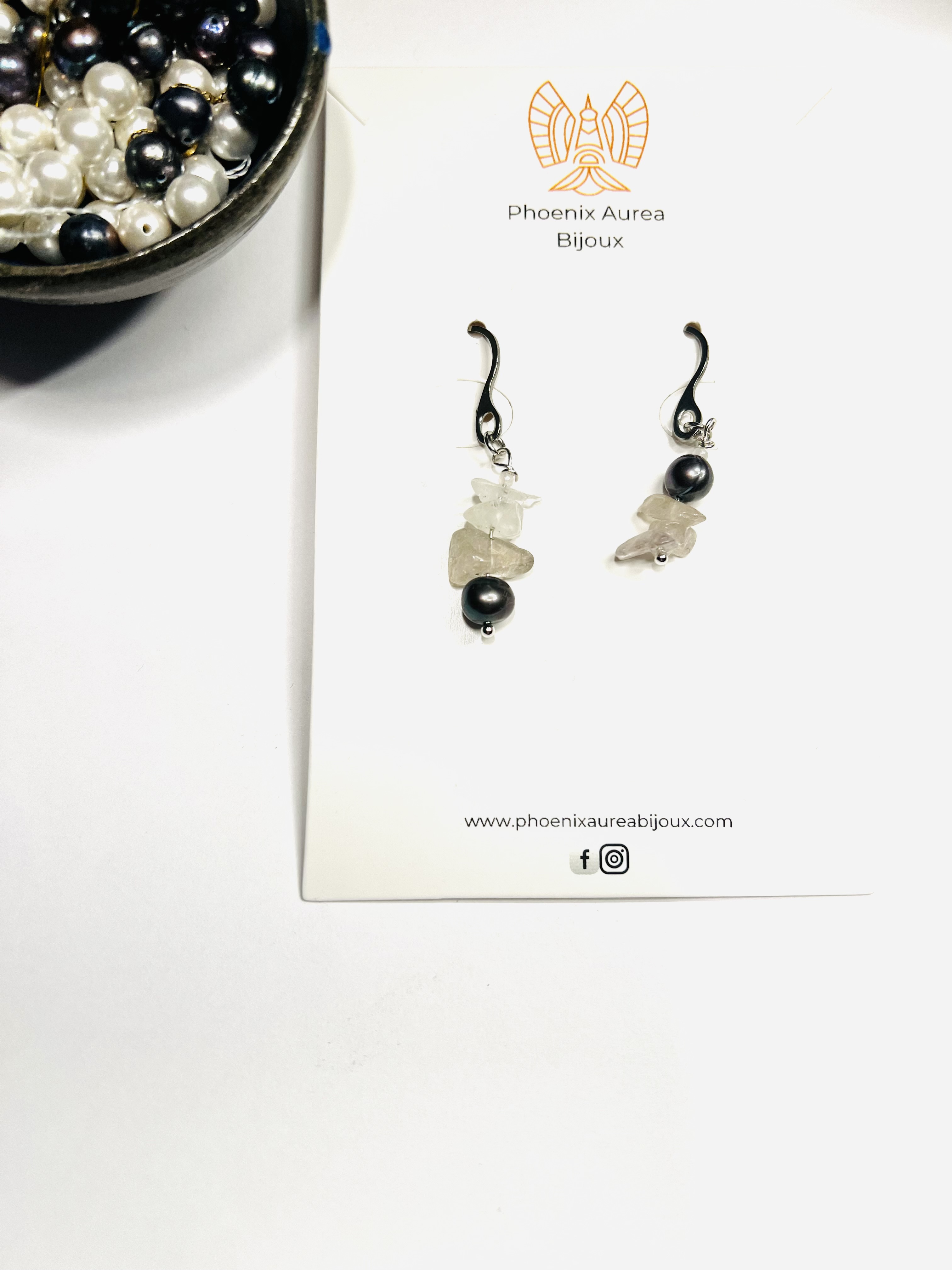 Boucles d'oreilles ROC, perle de Tahiti et cristal de roche