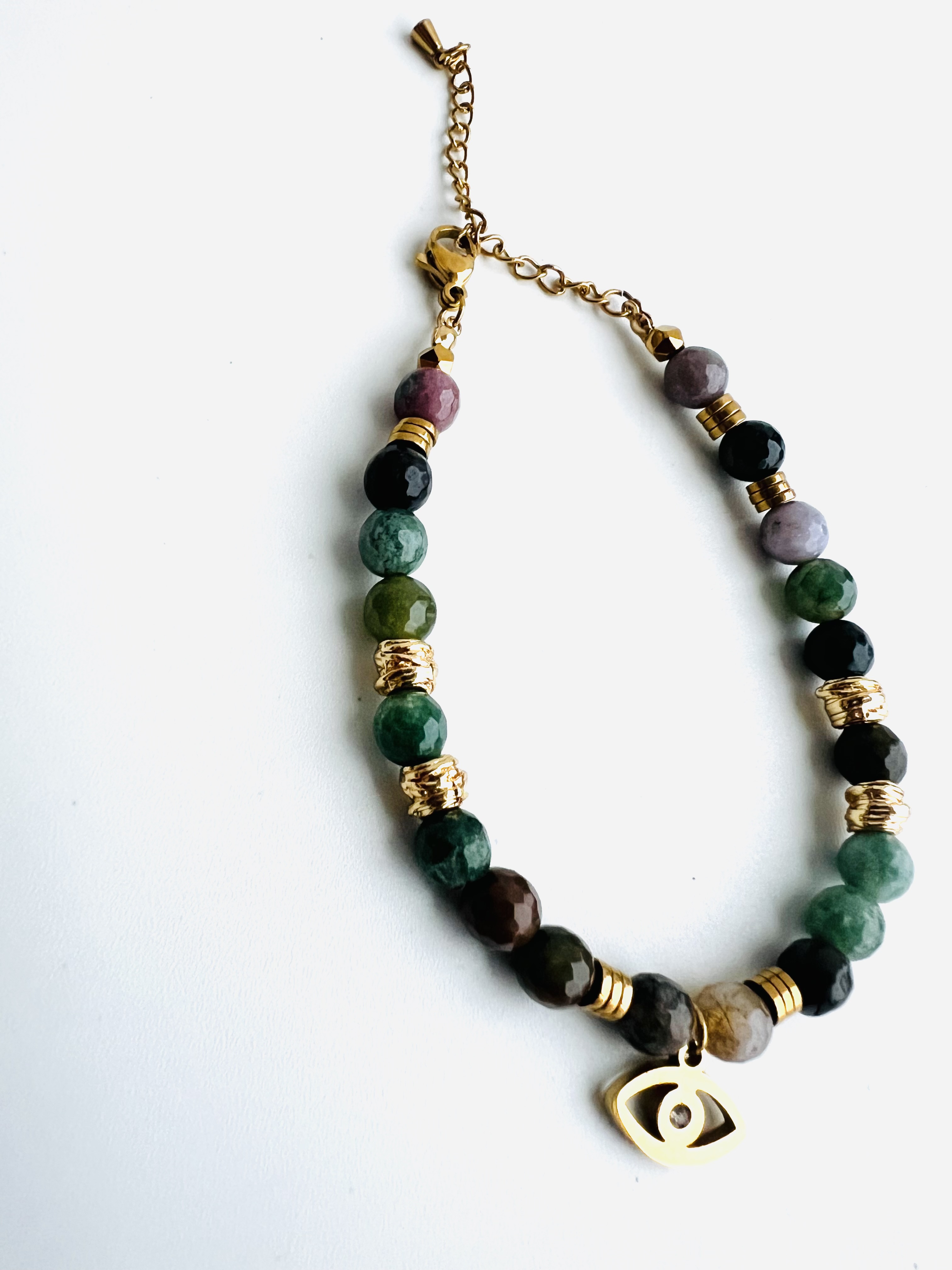 Bracelet EMERALD, agate indienne, hématite plaqué or 14k 