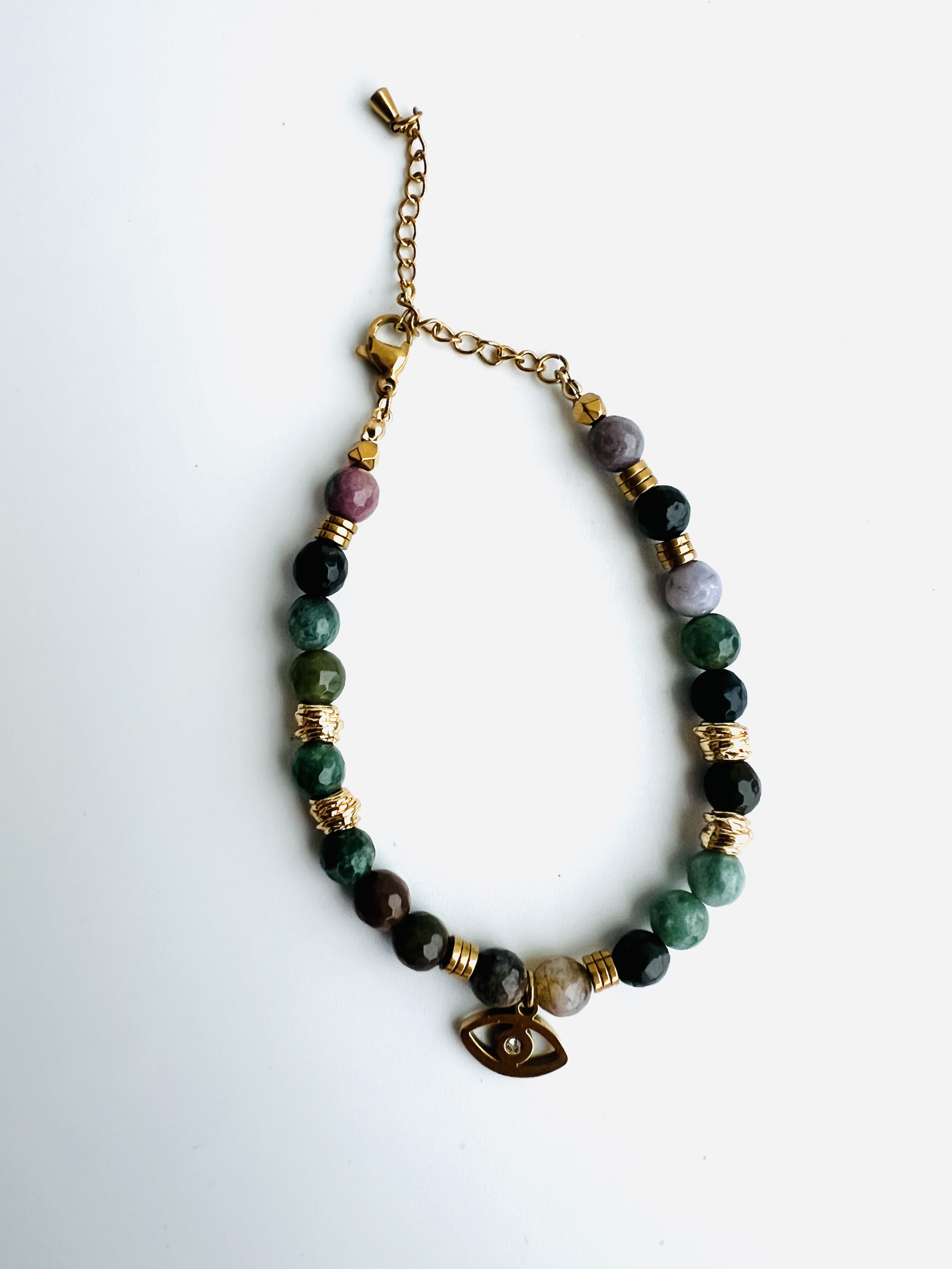 Bracelet EMERALD, agate indienne, hématite plaqué or 14k 