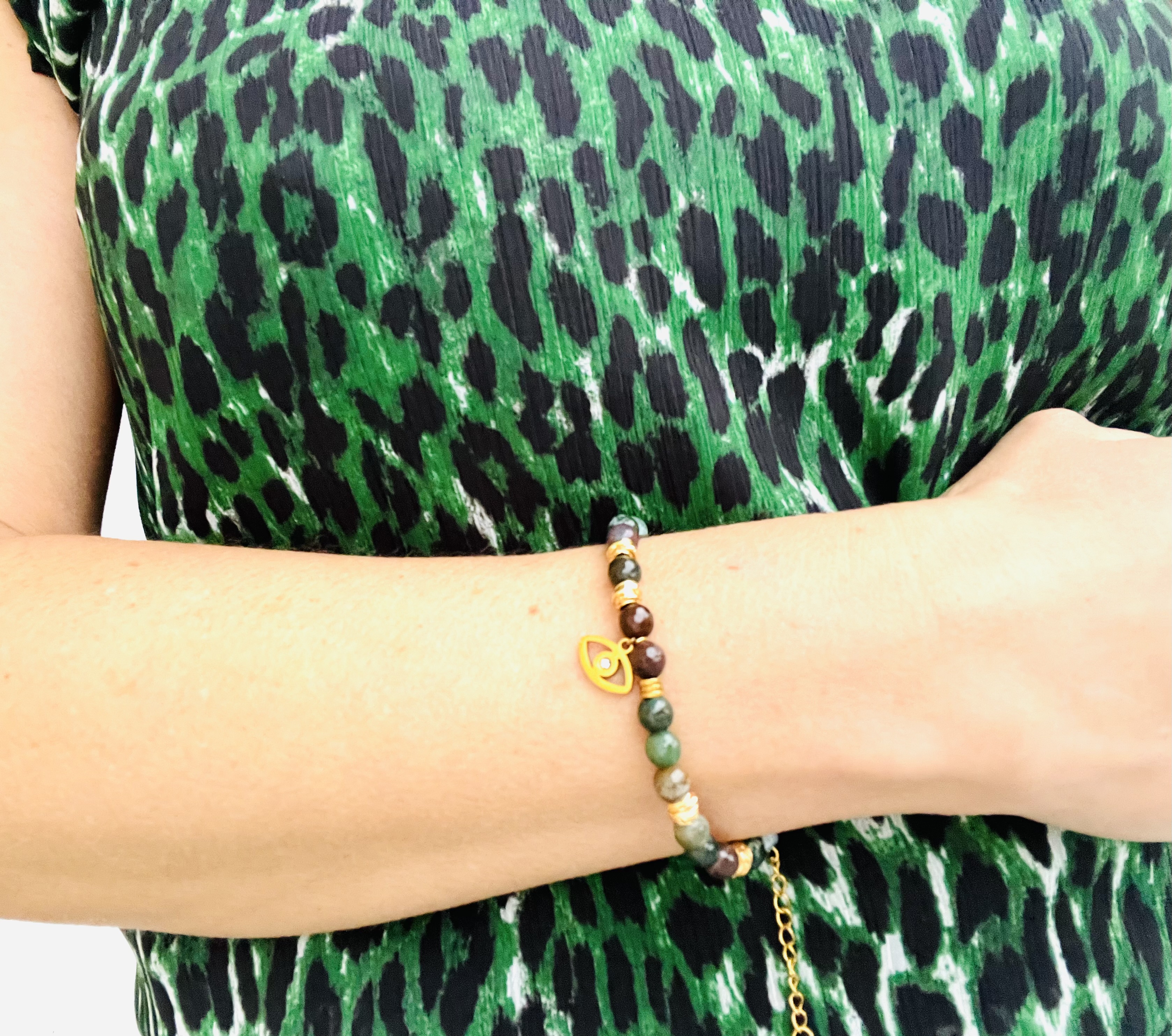 Bracelet EMERALD, agate indienne, hématite plaqué or 14k