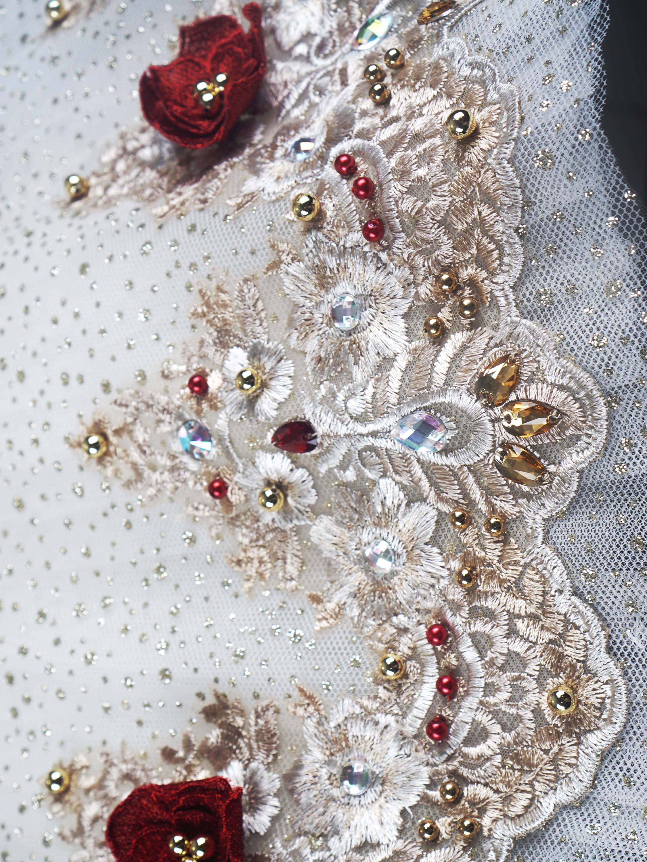 Classical Pancake Tutu – Ivory & Red Floral Embellishment