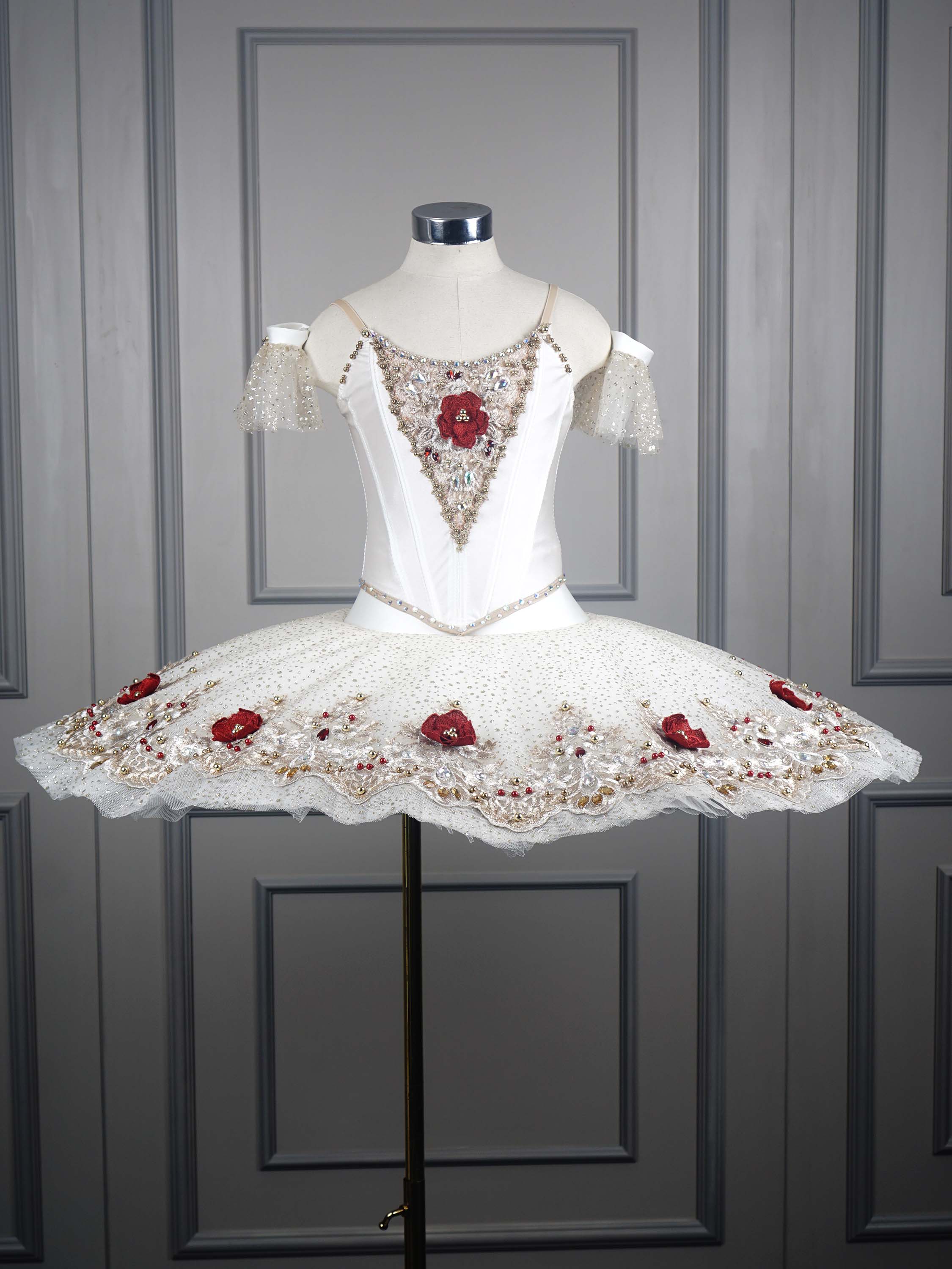 Classical Pancake Tutu – Ivory & Red Floral Embellishment