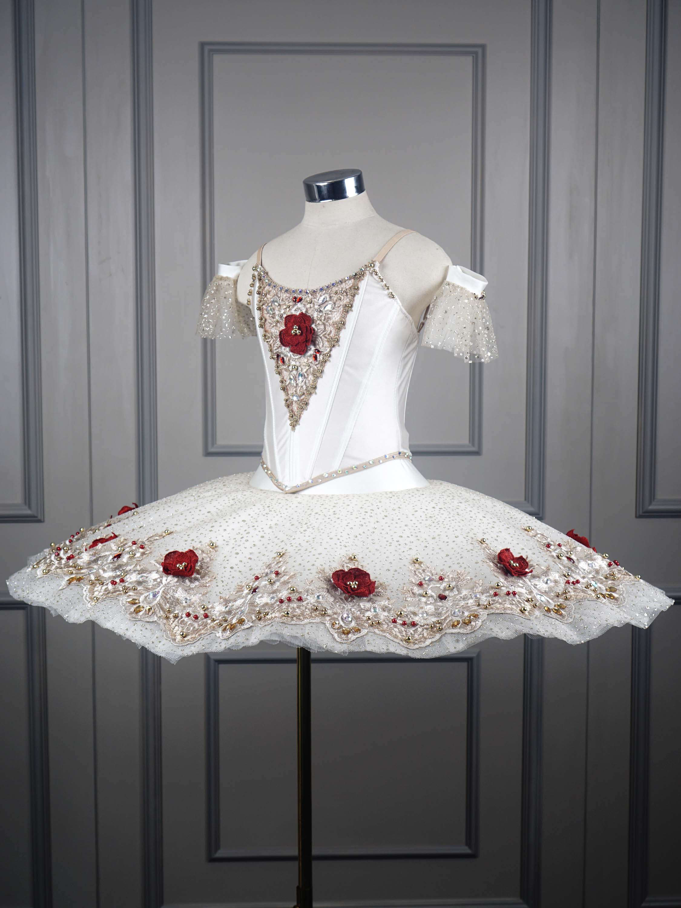 Classical Pancake Tutu – Ivory & Red Floral Embellishment
