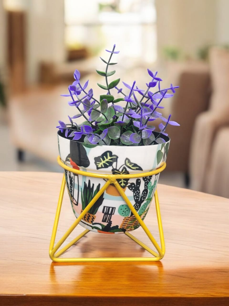 Botanical Printed Planter with Gold Geometric Stand