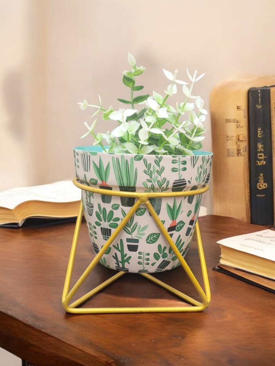 Botanical Printed Planter with Gold Geometric Stand