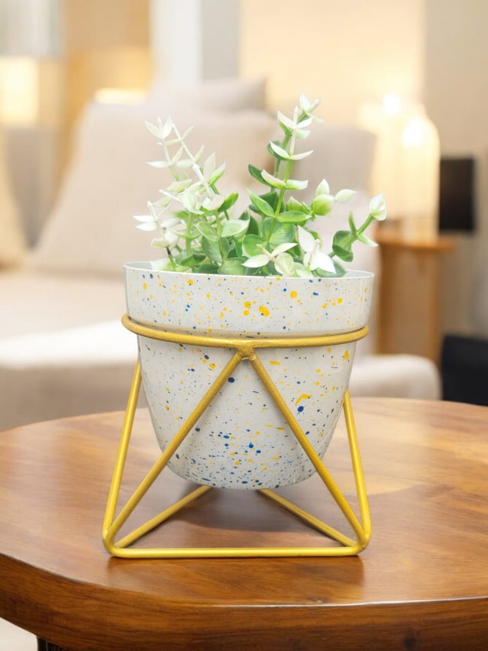Botanical Printed Planter with Gold Geometric Stand