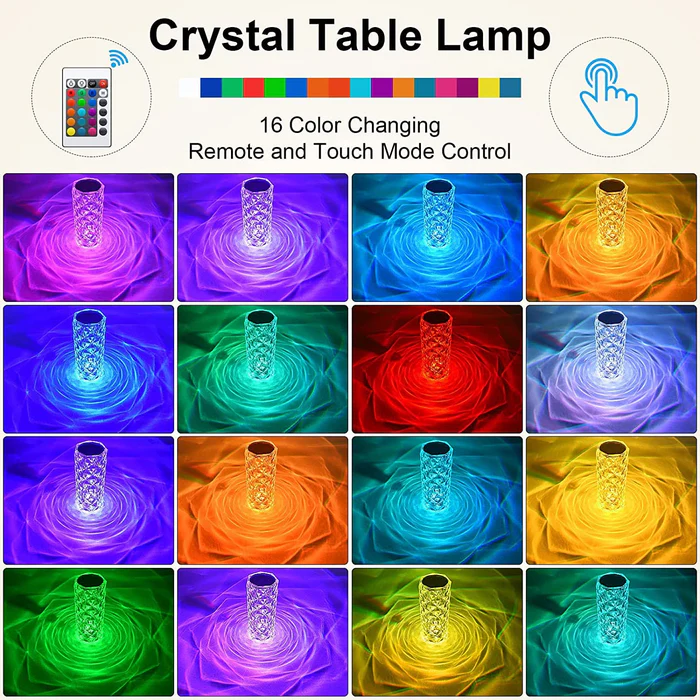 Crystal Touch Night Light (16 Colors) - Rose Diamond Table Lamp with Remote Control