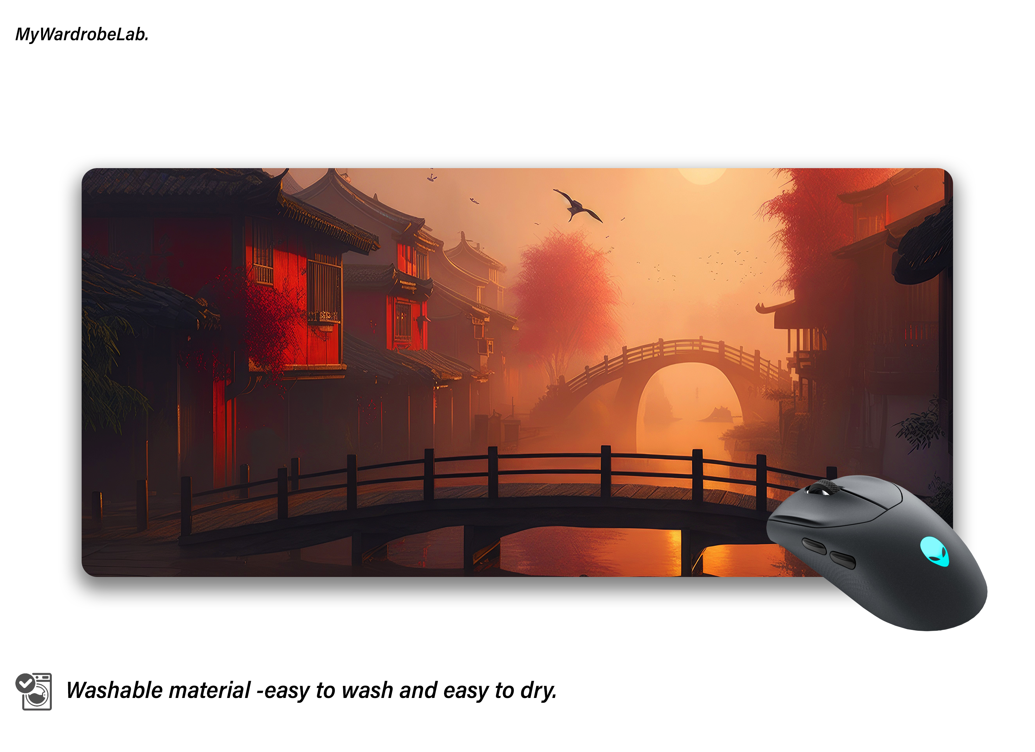 "Premium XXL Gaming Mouse Pad - Tranquil Bridge & Sunset Scene"