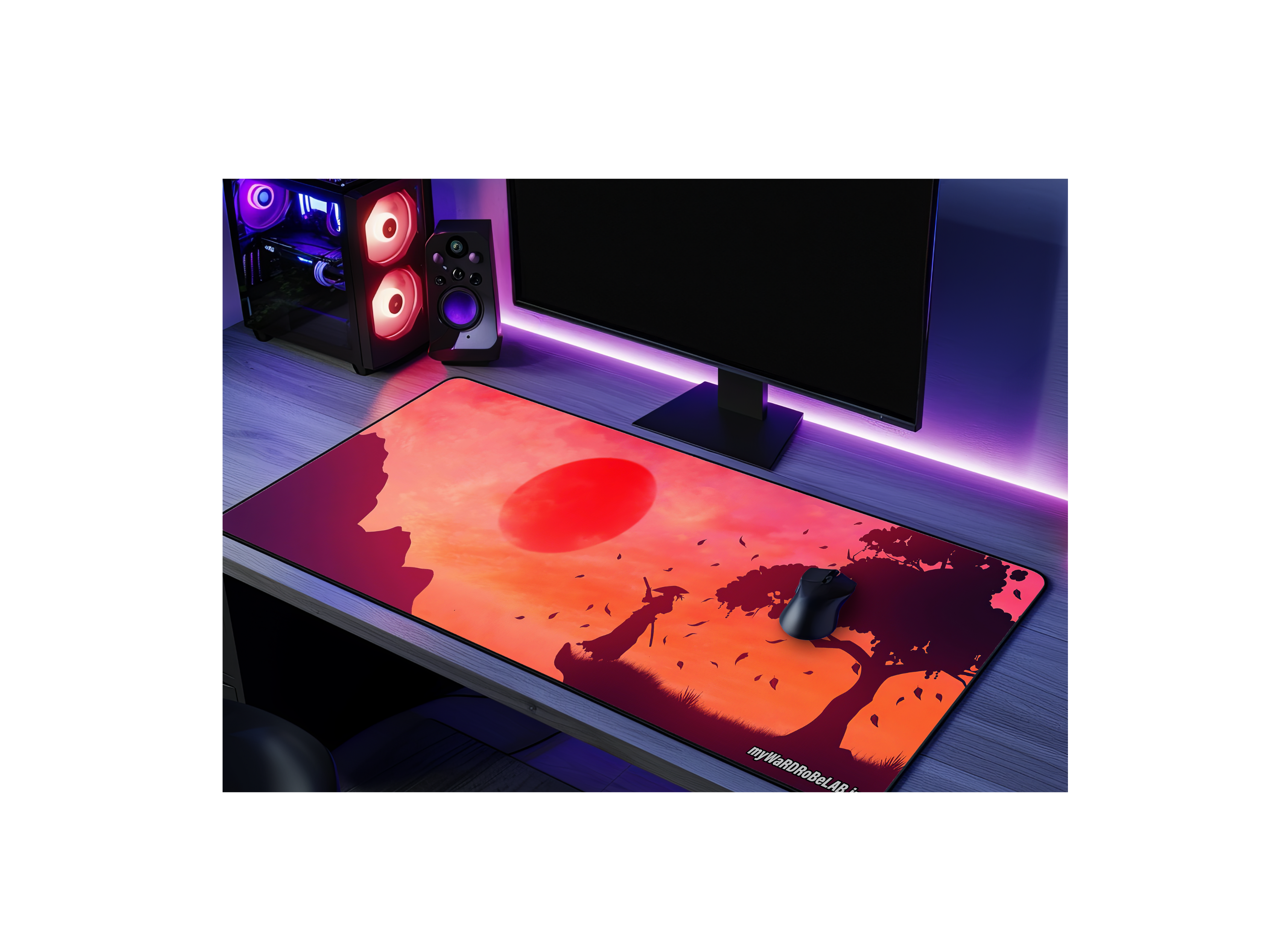 "Scarlet Samurai Sunset: Battle-Ready Gaming Mouse Pad"