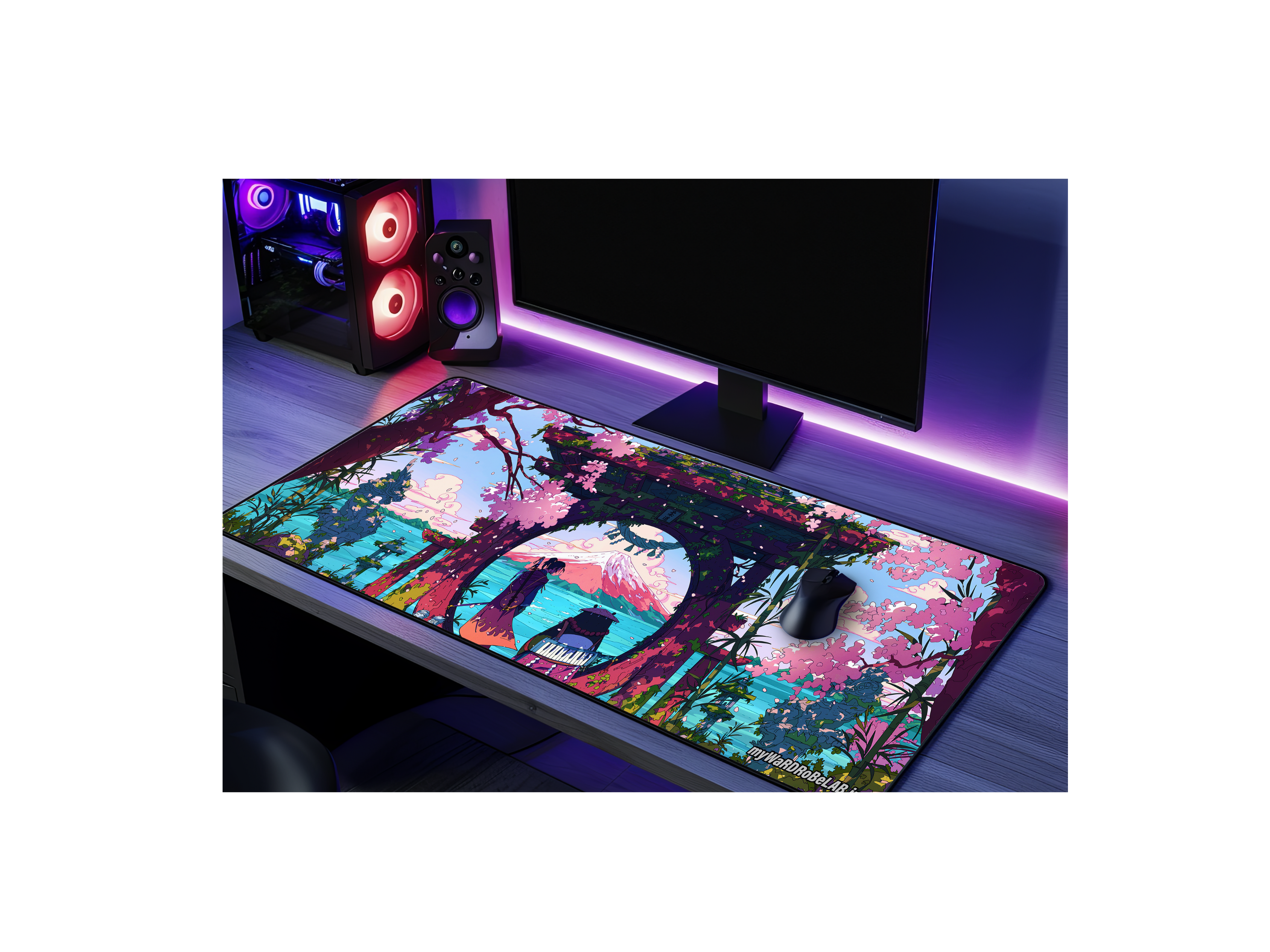 "Neon Blossom Dreams: Vibrant Samurai Gaming Mouse Pad"